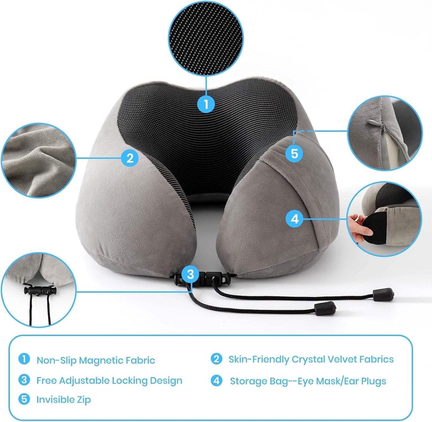 Good Nite Almohada para el cuello Almohada para el cuello de avión Almohada de viaje Almohada para el cuello para adultos Almohada para el hogar Almohada para la cabeza Espuma viscoelástica ergonómica Lavable con respaldo estrecho Almohadas de viaje grises ajustables Naty Shop