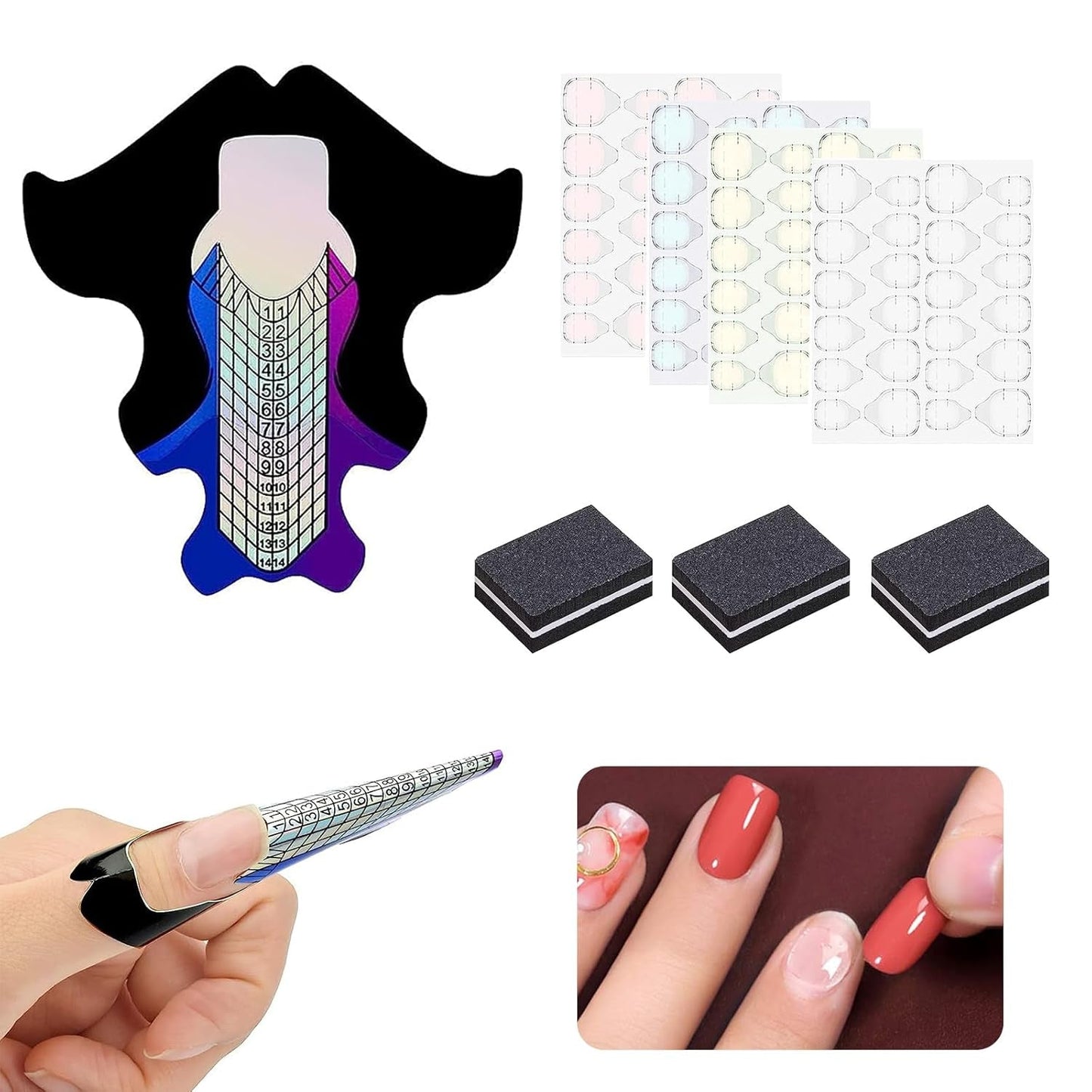 100 plantillas para decoración de uñas, plantillas de modelado autoadhesivas con 4 hojas de almohadillas adhesivas transparentes para uñas y 3 limas de uñas, accesorios de extensión de uñas de gel para uñas artificiales