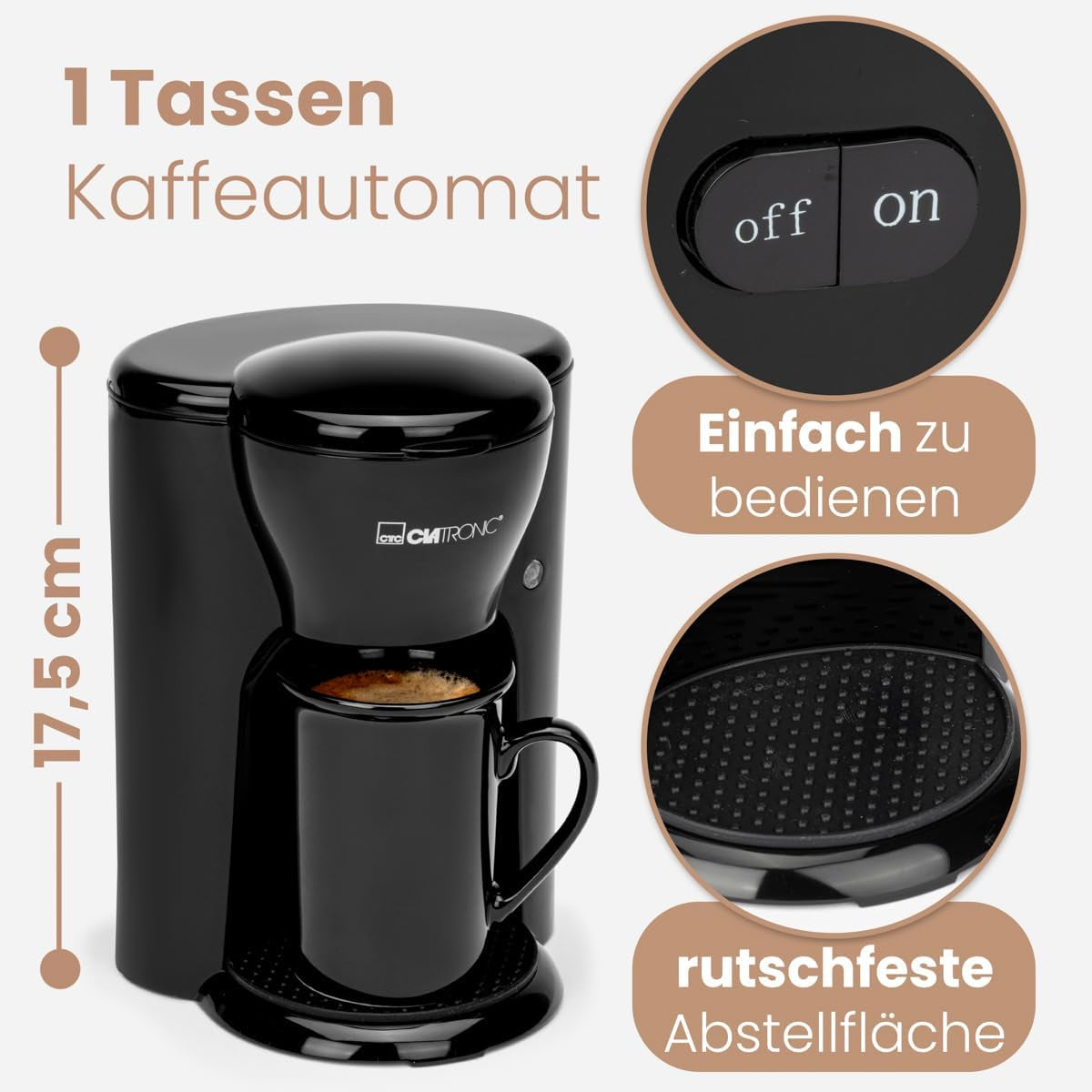 Cafetera Clatronic® de 1 taza | Máquina de café espresso perfecta para personas solteras | Cafetera espresso con filtro, incluida taza de cerámica | Pequeña cafetera espresso con filtro, ideal para viajar | KA 3356