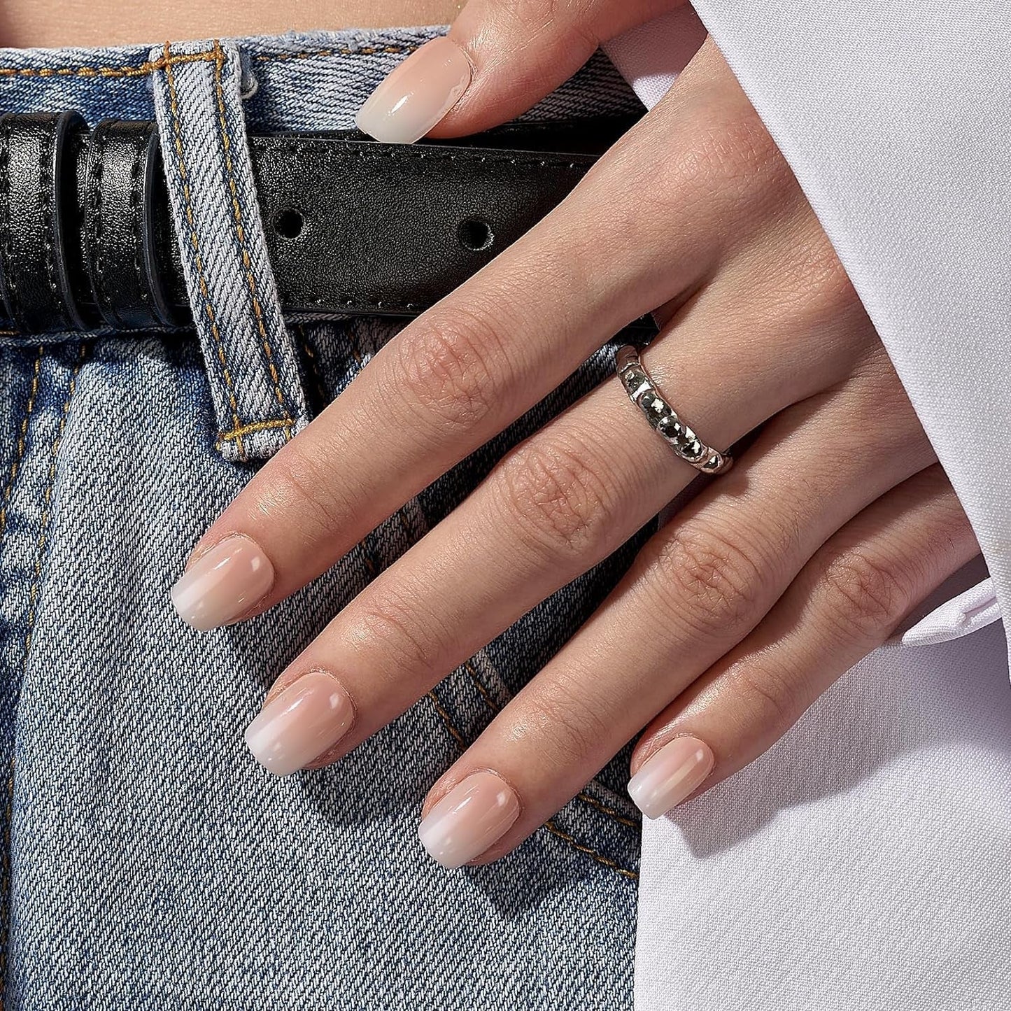 Btartbox Uñas Postizas Cuadradas Cortas Pegamento Baby Boomer En Uñas Postizas Rosa Degradado Blanco Uñas Artificiales Cortas con Pegamento para Uñas 30 Piezas Uñas Postizas Cuadradas