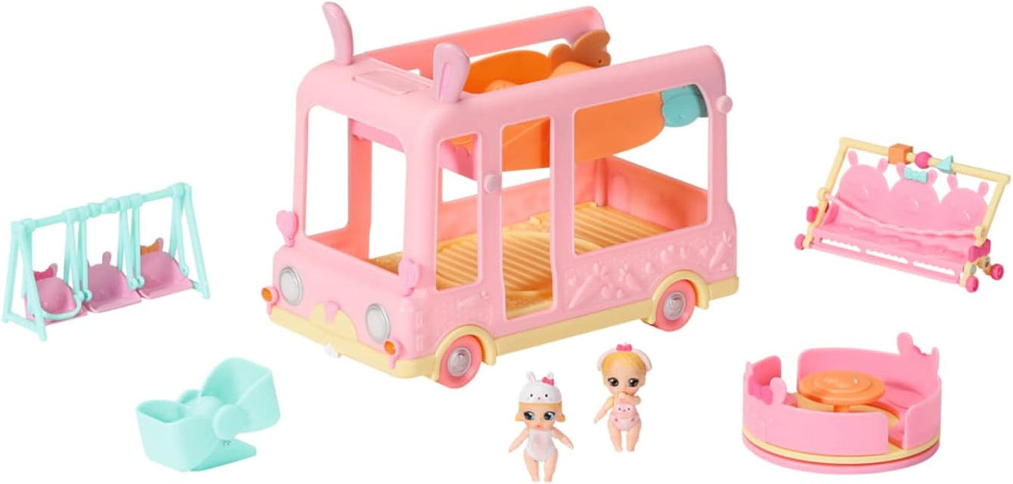 BABY born 904763 Baby Surprise Bus: minibús de juguete rosa con 2 muñecas exclusivas, cochecito triple, columpio, carrusel, tobogán y columpio triple.