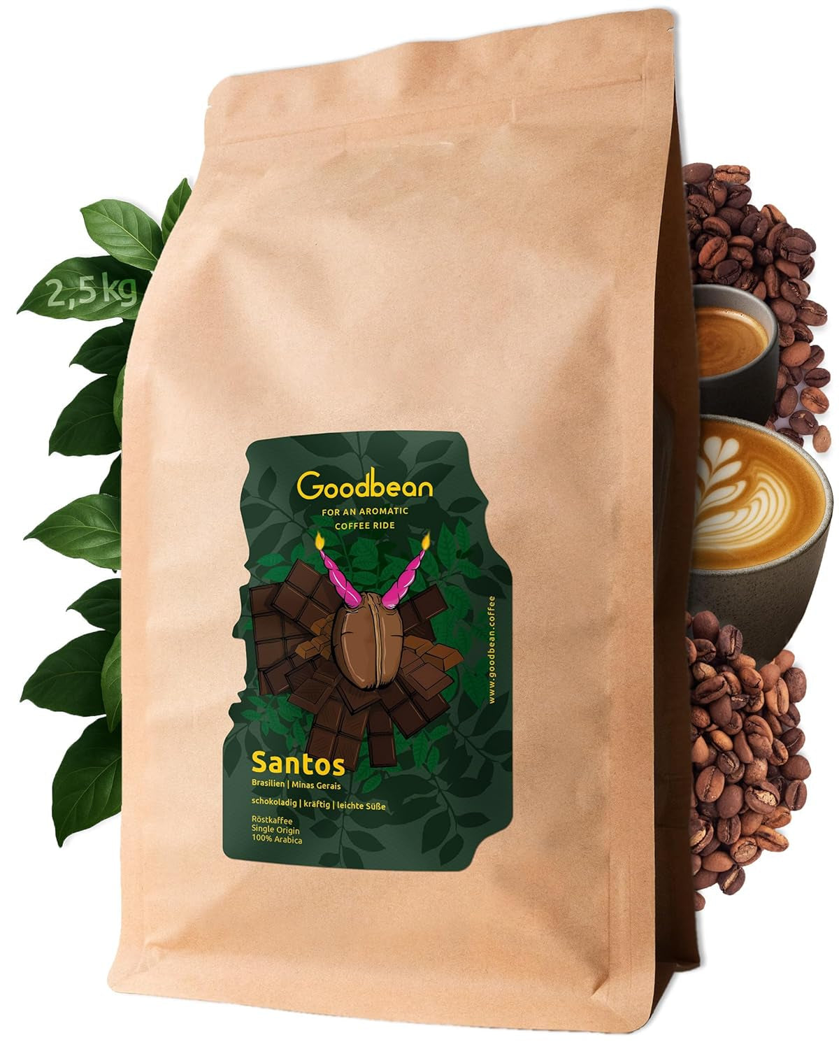 santos | Granos de café 2500g - 100% Arábica de Brasil | para espresso, capuchino o café filtrado fuerte | Asado omnidireccional | Café clásico: la introducción perfecta al café especial