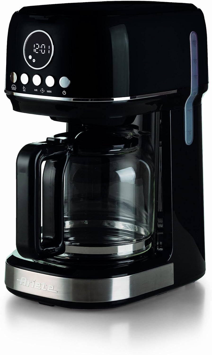 Ariete Moderna 1396 Cafetera espresso con filtro para preparar café americano hasta 15 tazas Jarra de cristal Placa calefactora Pantalla LCD Filtros extraíbles y lavables Blanco