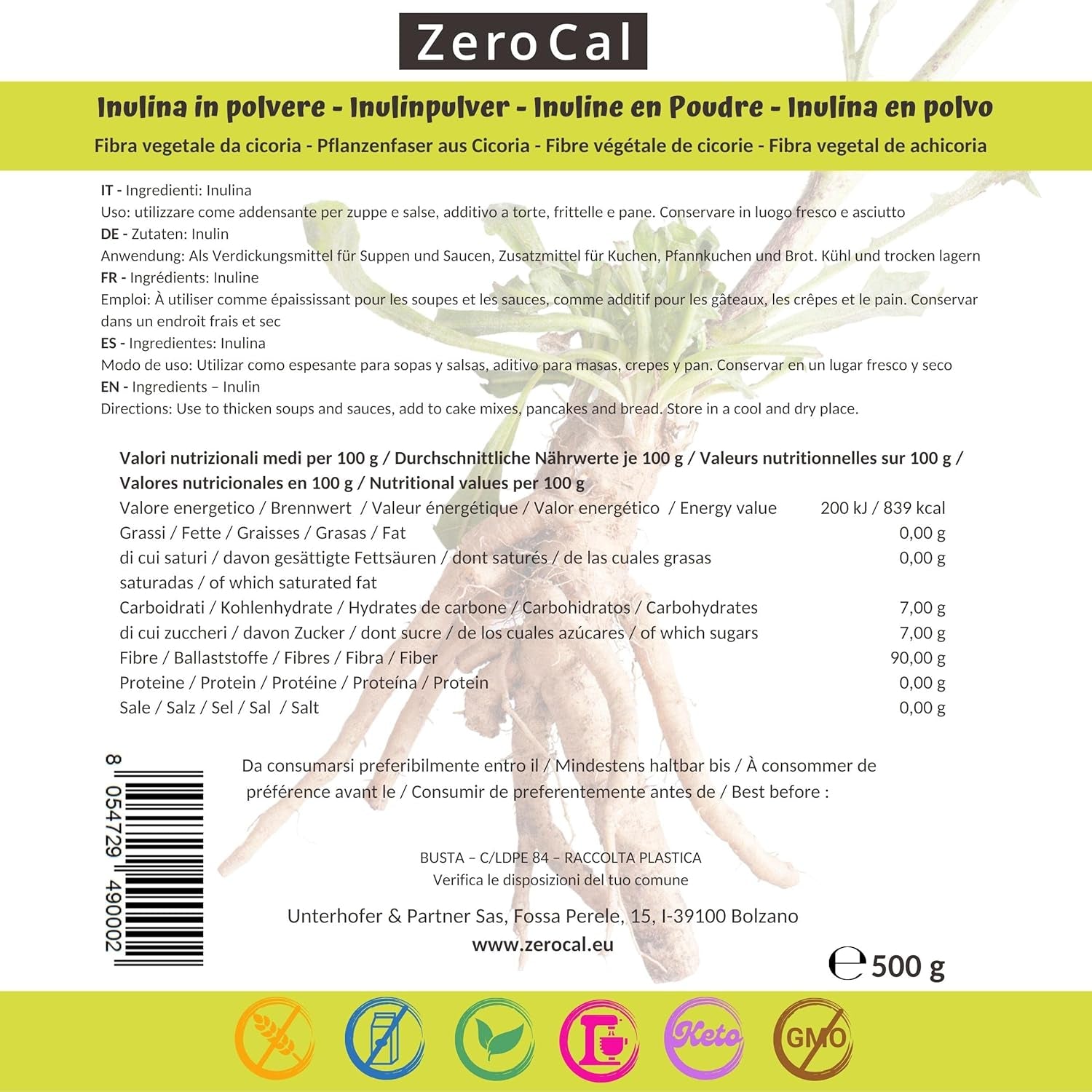 Zerocal - Inulina En Polvo De Achicoria-Wurzel 500 G | Inulina Mit Hohem Ballaststoffgehalt | 100% vegano y sin gluten | Herkunft Deutschland Edulcorantes Naty Shop