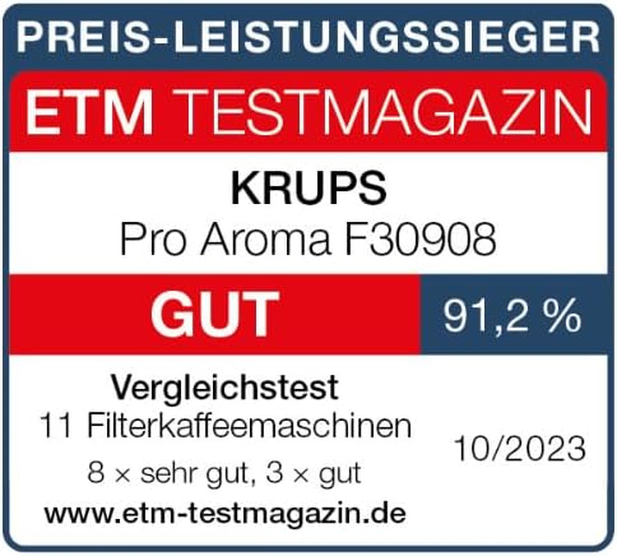 Krups F30908 ProAroma Cafetera espresso con filtro y jarra de cristal, capacidad 1,25 l, 10-15 tazas, 1050 W, negra
