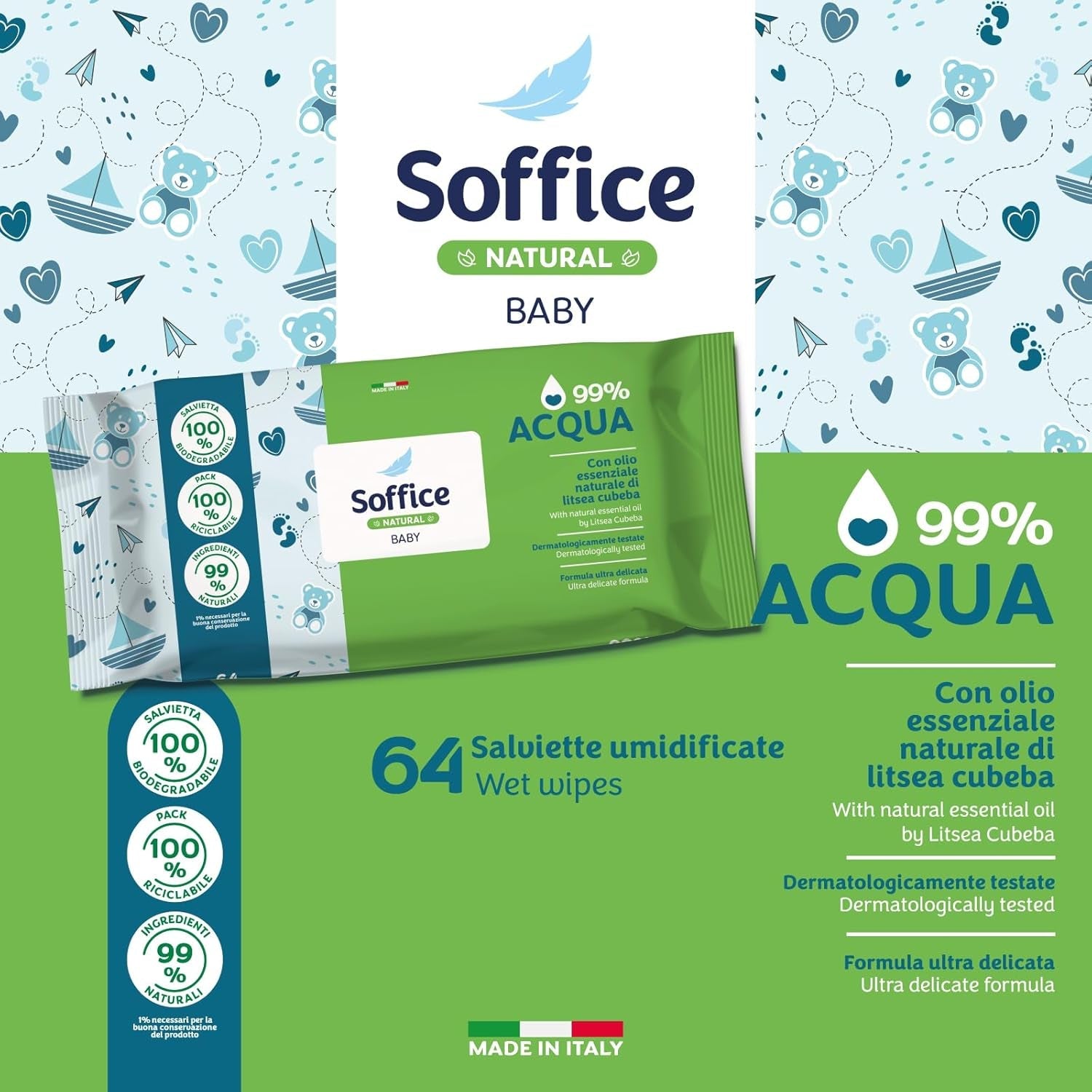 Toallitas húmedas limpiadoras naturales para bebés, 99% agua, fórmula muy delicada para la higiene diaria de niños y recién nacidos - 12 paquetes de 64 toallitas