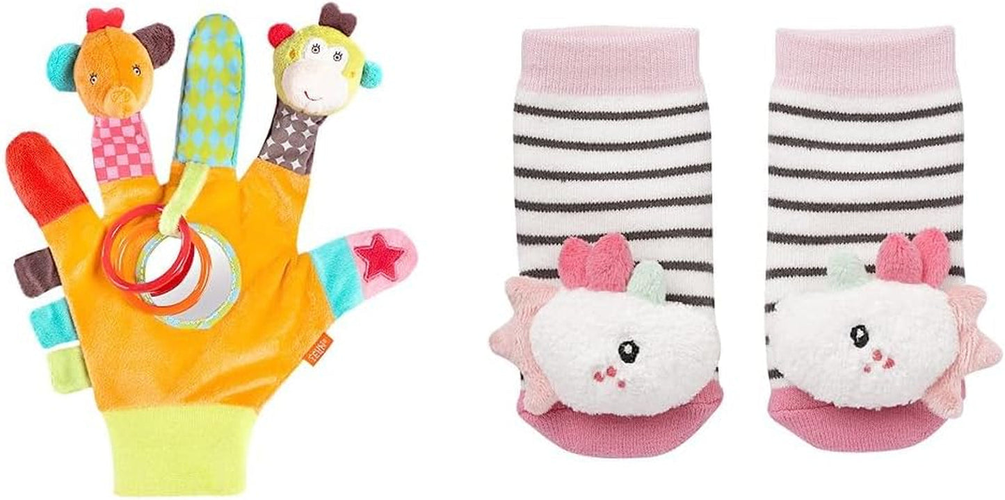 Fehn play guante safari - marionetas de dedo de mono y elefante para niños y calcetines de cascabeles de unicornio para niños - calcetines infantiles con función de cascabel y cabeza de unicornio - estimulan la motricidad y los sentidos Bebe Toys Naty Shop Pack de calcetines con sonajero de unicornio para niños Safari