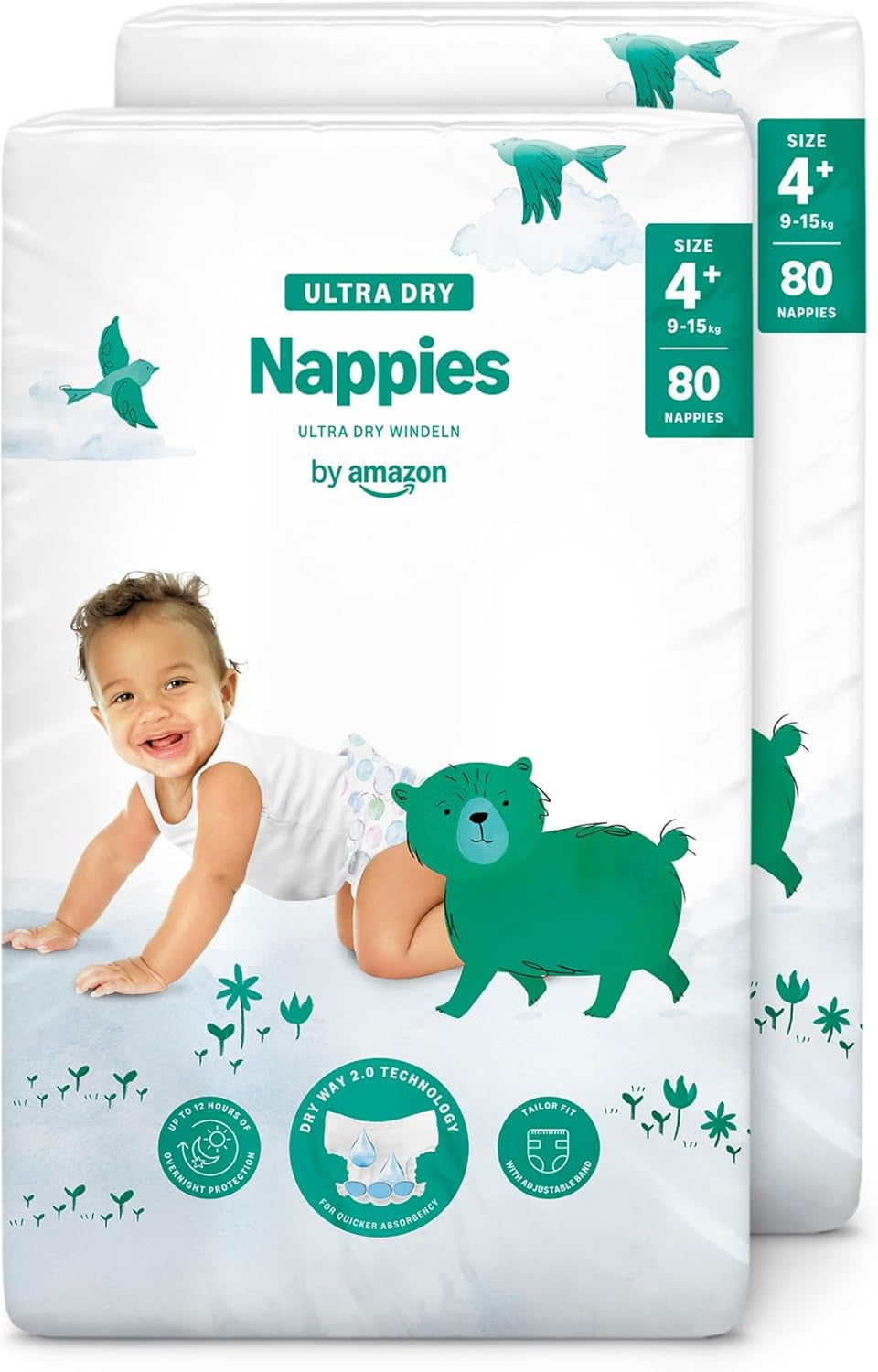 Pañales Amazon Ultra Dry, tamaño 3 (4-9 kg) - Caja mensual, blanco, 172 unidades (2 paquetes de 86) (anteriormente Mama Bear, producto idéntico)