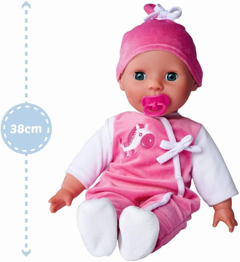 Simba 105140489 - Muñeca Laura Baby Talk, Muñeca de cuerpo suave de 38 cm con ojos soñolientos y mono lindo, 24 sonidos de bebé, Muñeca de juego, Muñeca bebé, Edad 2+