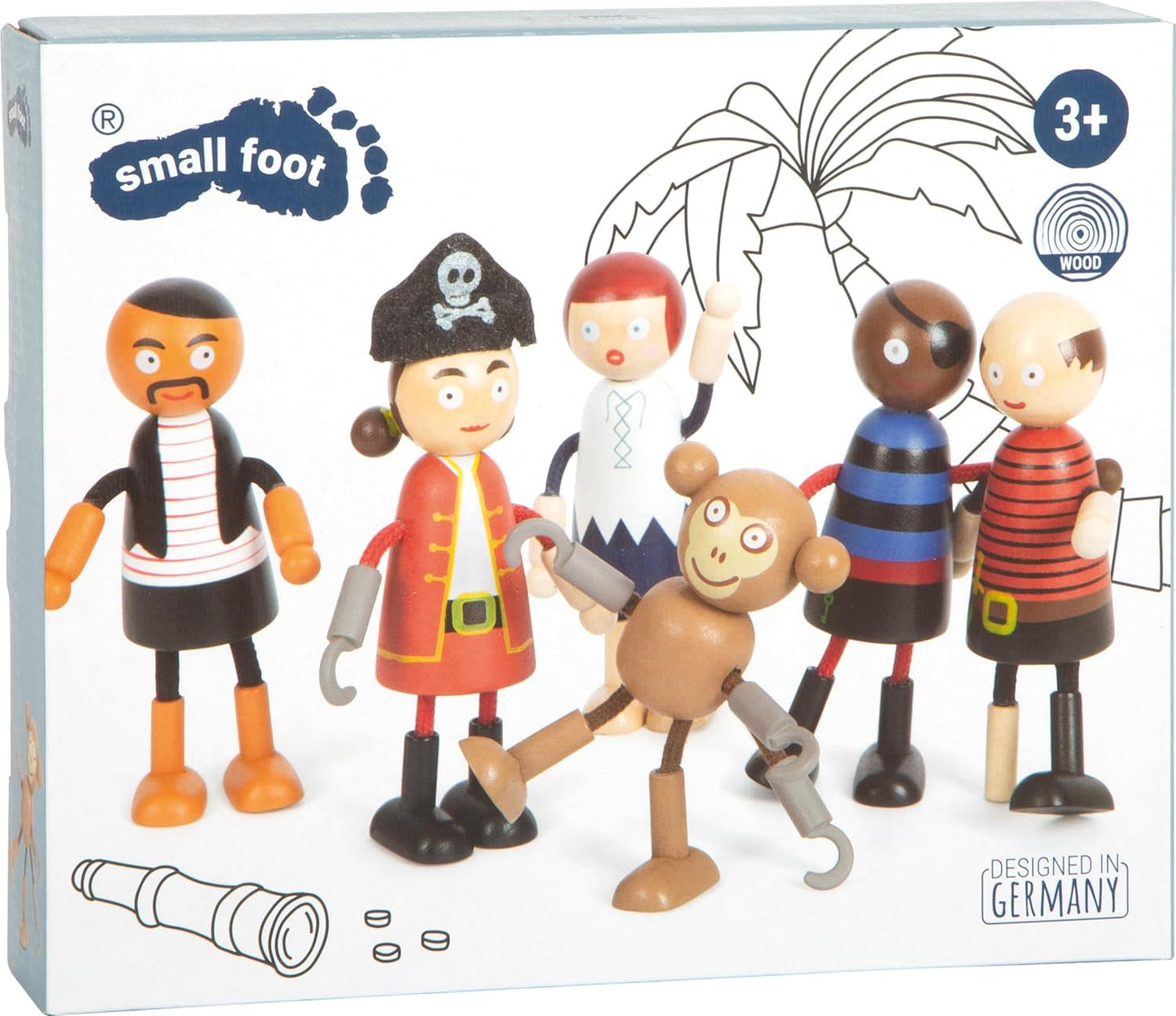 Small Foot Muñecos piratas de madera flexibles, 5 piratas y 1 mono, detallados y flexibles, a partir de 3 años, 12412