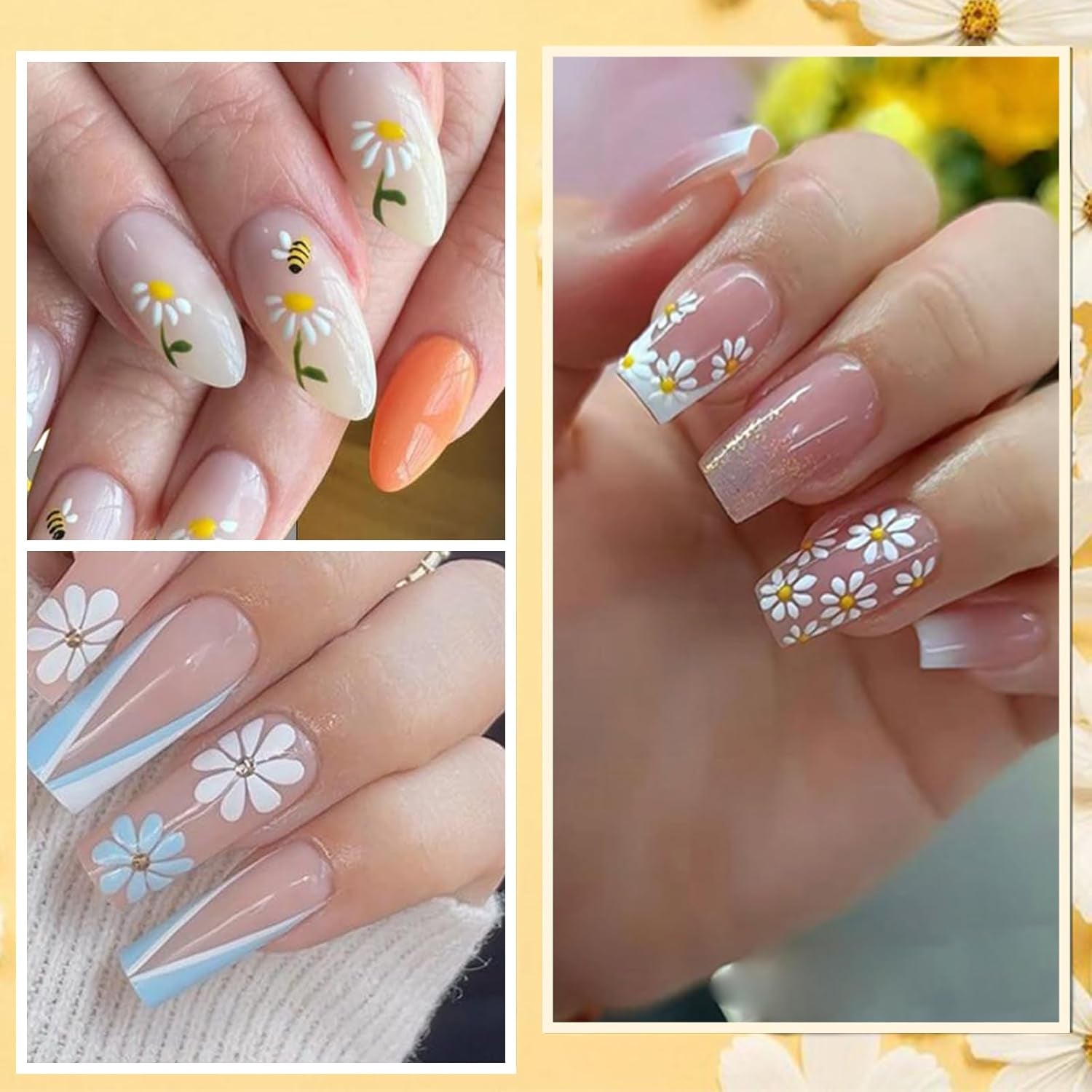 12 hojas de pegatinas para uñas con efecto 3D, curado UV, pegatinas para uñas de flores de larga duración, pegatinas artísticas para uñas con margaritas blancas y amarillas
