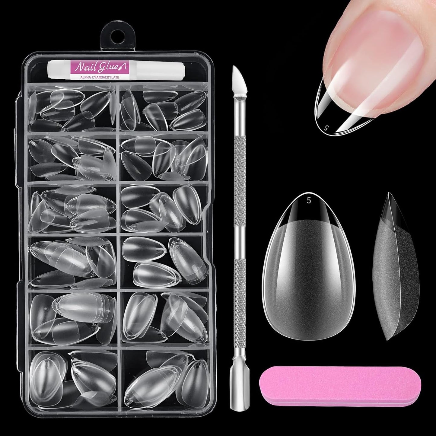 Uñas cortas de cubierta completa, 120 piezas, 12 tamaños, puntas de uñas cortas para uñas de gel, pegamento en uñas artificiales, pegamento en lima de uñas, pulidor de uñas, empujador de cutículas