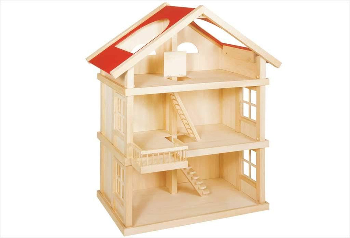 51957 Casa de muñecas de madera, 65 x 35 x 87,5 cm - Casa de muñecas grande de madera, 3 pisos, diseño abierto, techo rojo, escaleras y balcón para juegos de rol creativos, mundo de juegos de casa de muñecas