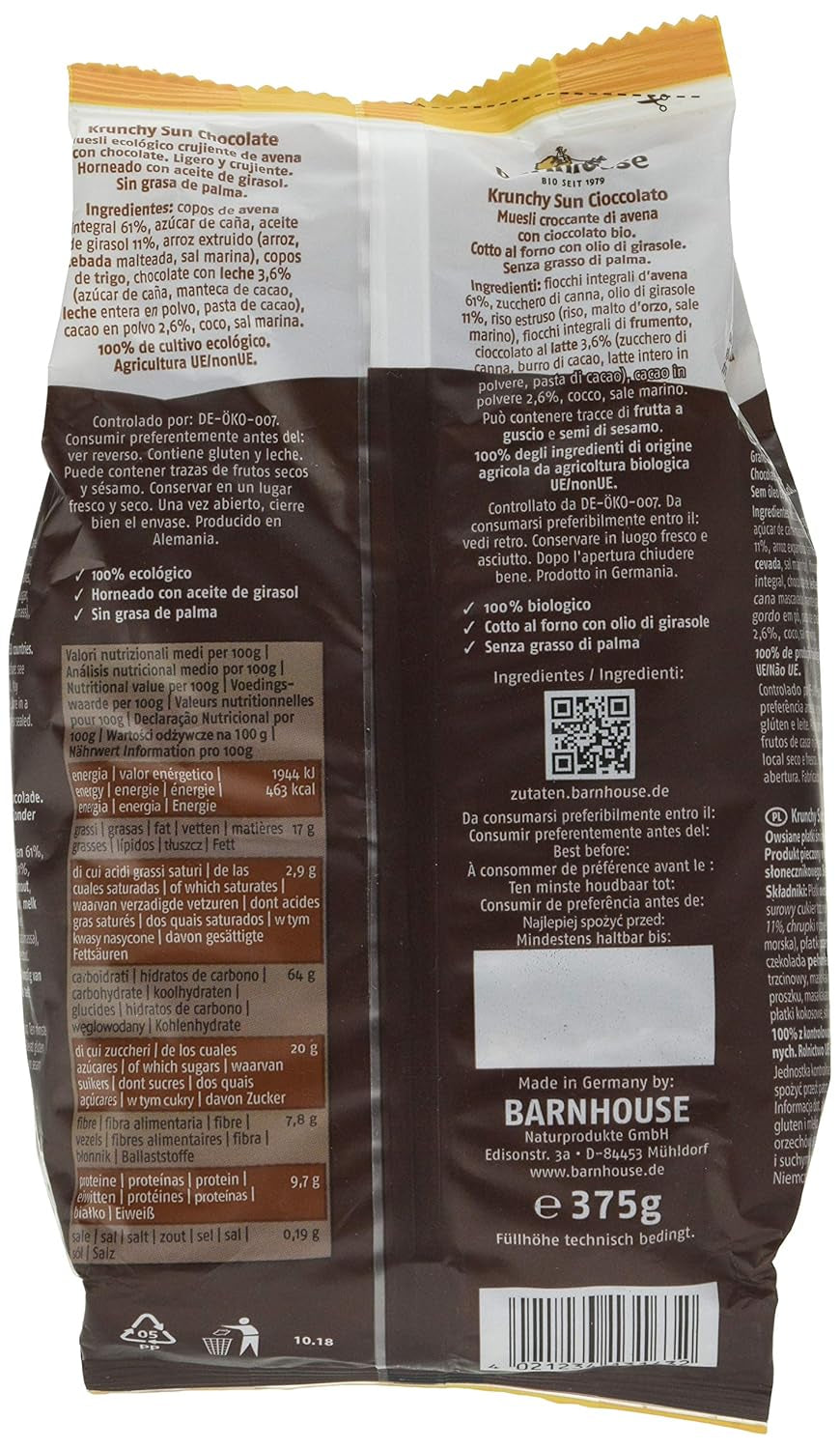 Sol crujiente de granero | Muesli con chocolate | Ecológico | Vegetariano, 375 gramos