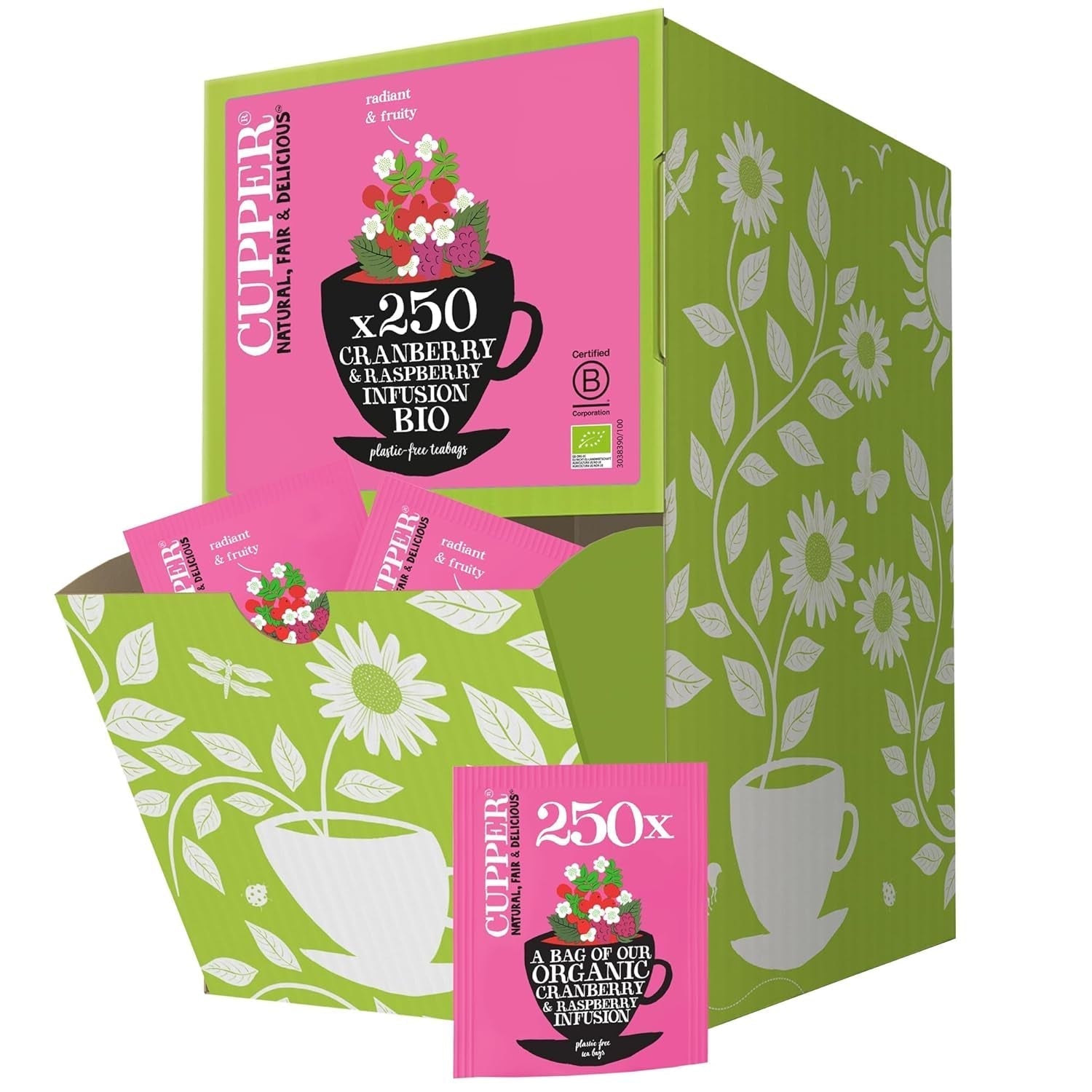 Taza Té de frutas orgánico Arándano Frambuesa | Té de frambuesa | 250 bolsitas de té sin blanquear | Paquete grande | Perfecto para la oficina | Ecológico | Comercio justo