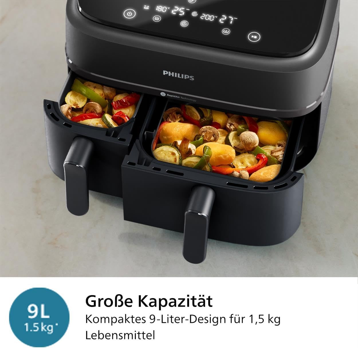 Philips Airfryer Dual Basket Serie 3000, 9L, 2 cestas, 2 platos listos al mismo tiempo, tecnología Rapidair más aire caliente Electrodomésticos Naty Shop