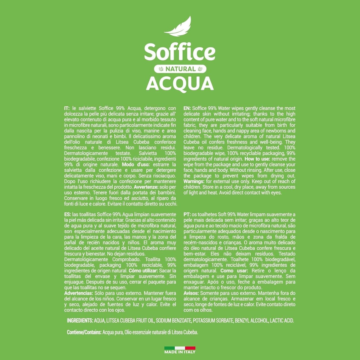 Toallitas húmedas limpiadoras naturales para bebés, 99% agua, fórmula muy delicada para la higiene diaria de niños y recién nacidos - 12 paquetes de 64 toallitas