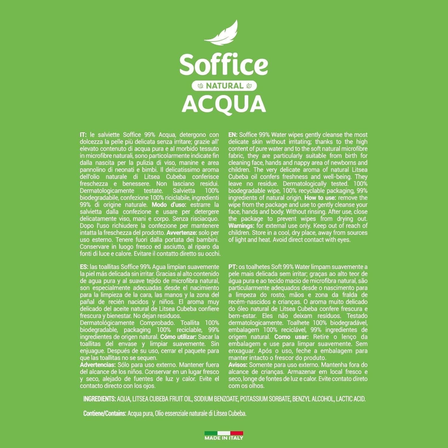 Toallitas húmedas limpiadoras naturales para bebés, 99% agua, fórmula muy delicada para la higiene diaria de niños y recién nacidos - 12 paquetes de 64 toallitas