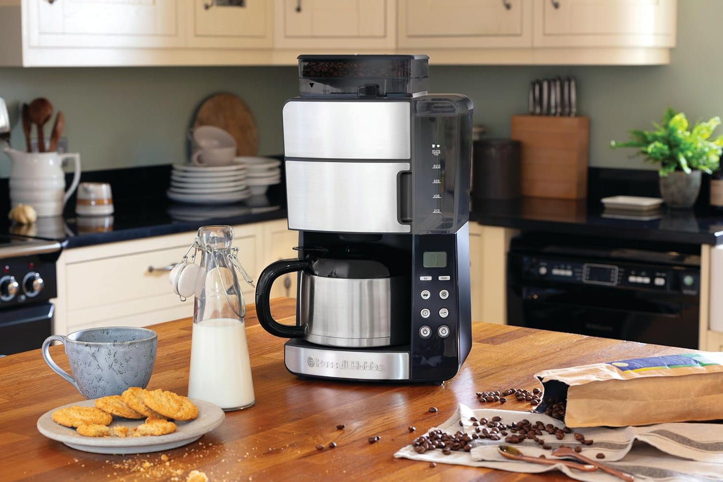 Cafetera Russell Hobbs con Molinillo y Jarra Térmica [Temporizador Digital, Cabezal de Ducha para una Extracción y Aroma Óptimo] Grind&Brew (1-10 Tazas, 3 Configuraciones de Molido) Cafetera de Filtro 25620-56