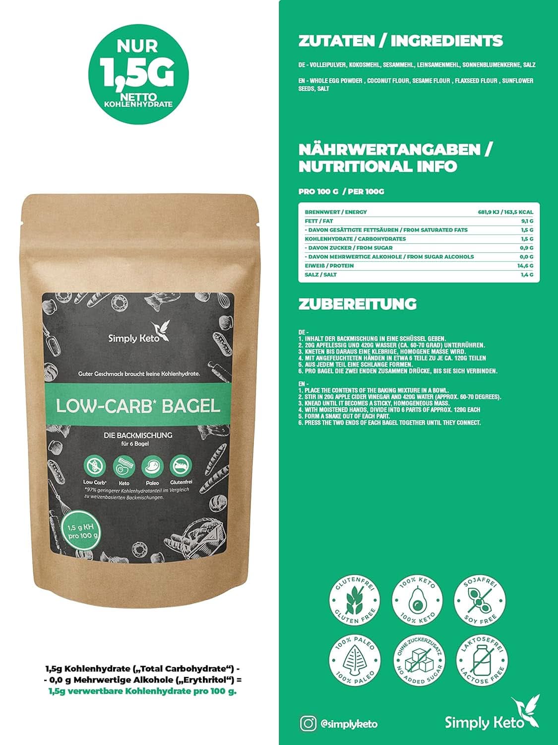 Mezcla para hornear bagel Simply Keto Lower Carb* para una dieta baja en carbohidratos* y cetogénica - sin lactosa ni gluten - 335 gramos Naty Shop Kitchen