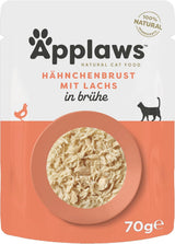 Applaws Comida Húmeda para Gatos 100% Natural, Pechuga de Pollo con Salmón en Caldo - Paquete de 12 Sobres de 70g