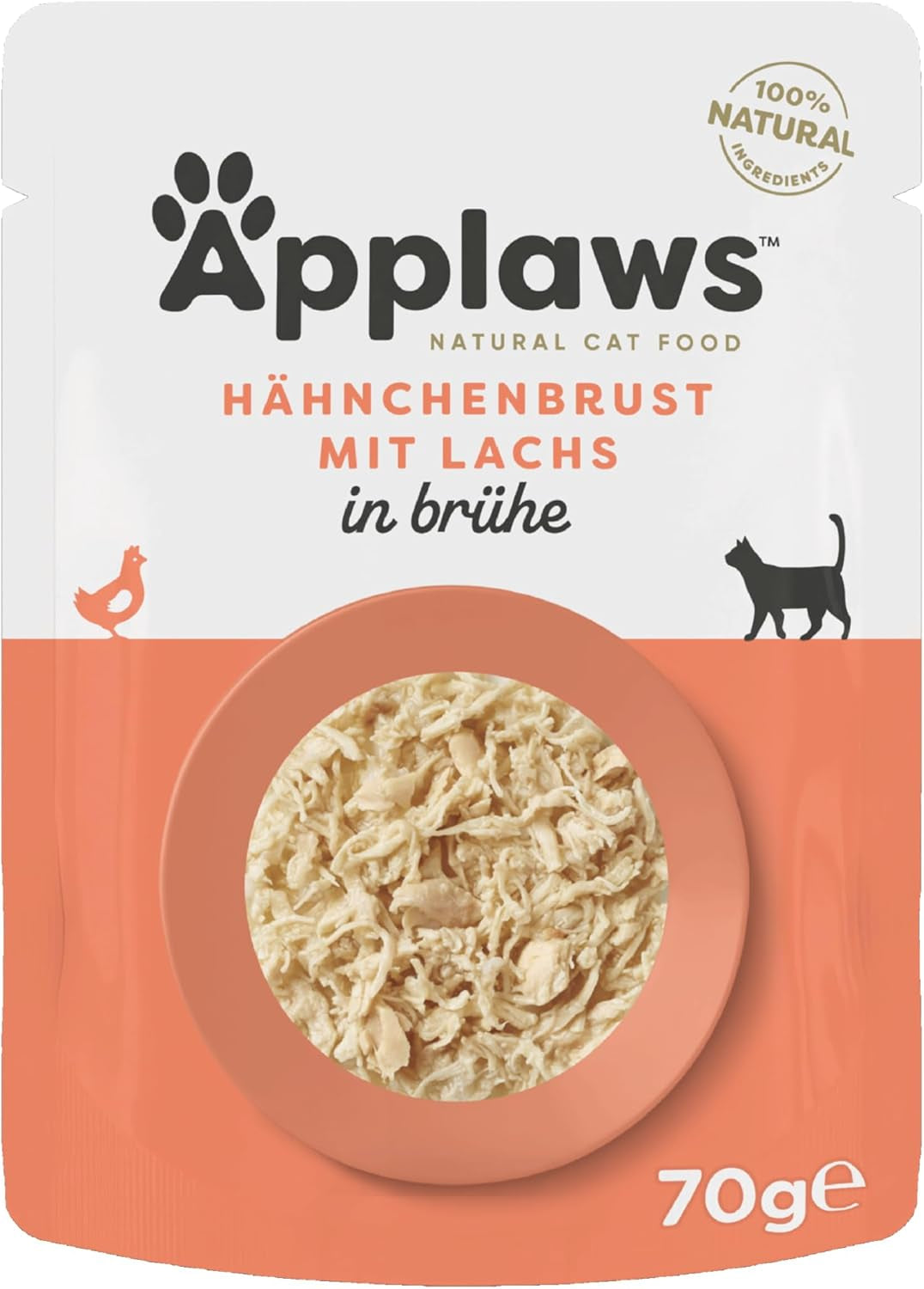 Applaws Comida Húmeda para Gatos 100% Natural, Pechuga de Pollo con Salmón en Caldo - Paquete de 12 Sobres de 70g