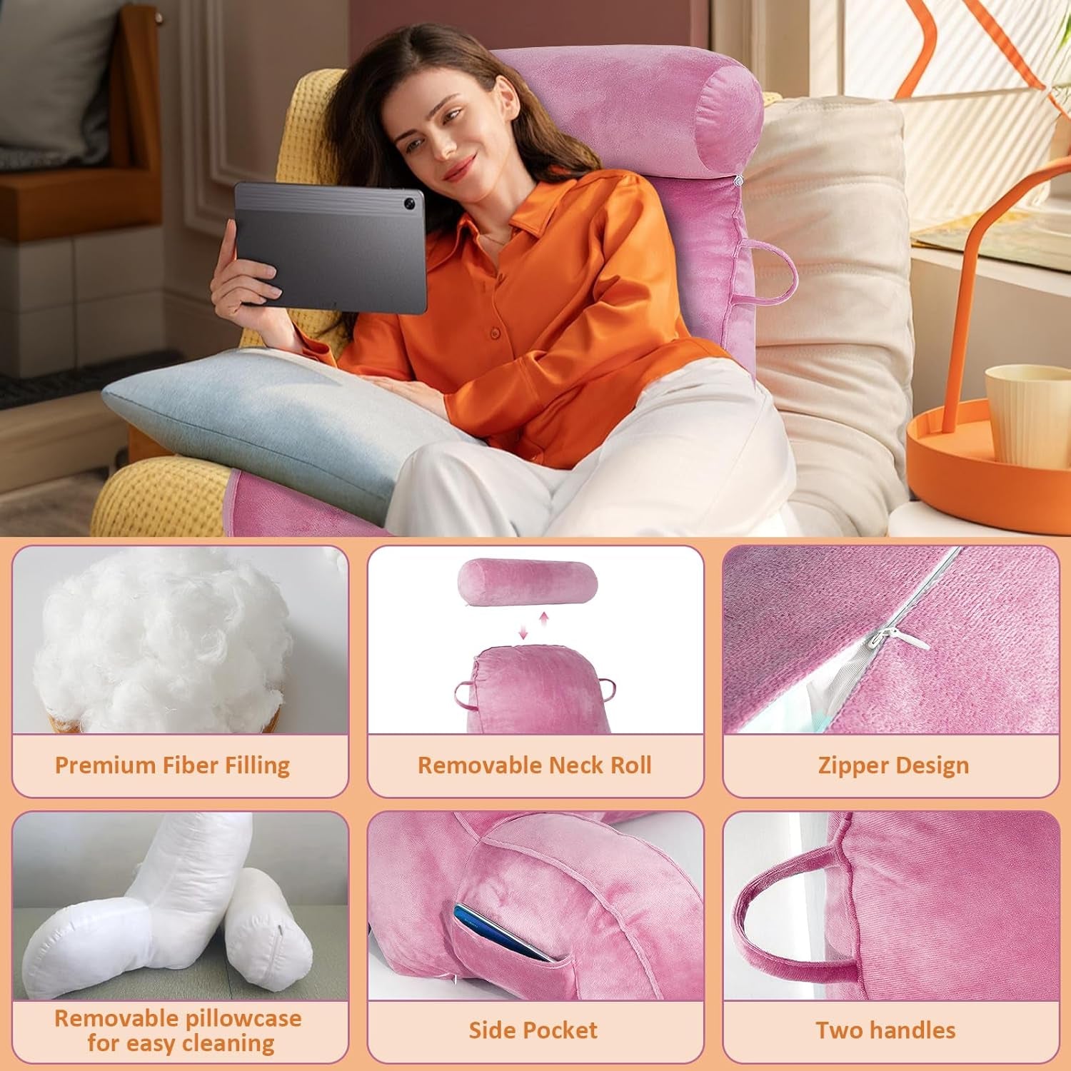 Almohada de lectura XL para cama y sofá con rollo para el cuello desmontable, almohada de espalda ideal para adultos con espuma viscoelástica para leer cómodamente, trabajar, jugar, mirar televisión, relajarse (rosa)
