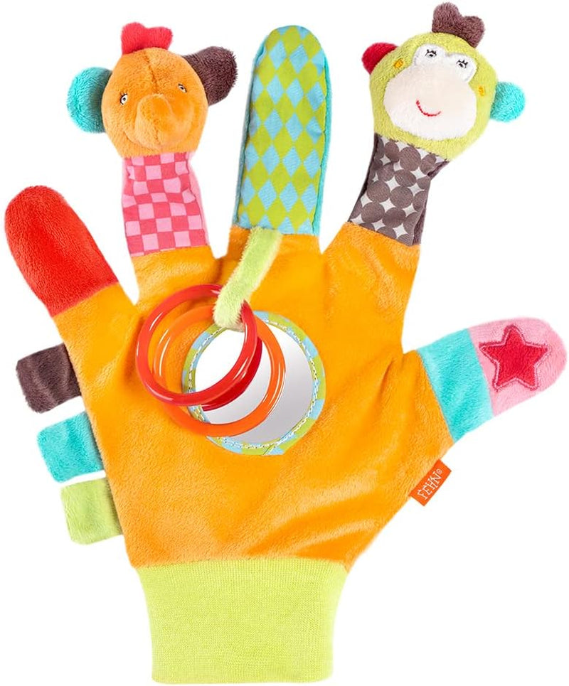 Fehn Play Glove Safari - Marionetas de dedo, juguete para bebé, mono y elefante, para agarrar y hacer ruidos, libro ilustrado suave Bruno - Libro táctil para niños con motivos de animales, juguetes para bebés Naty Shop