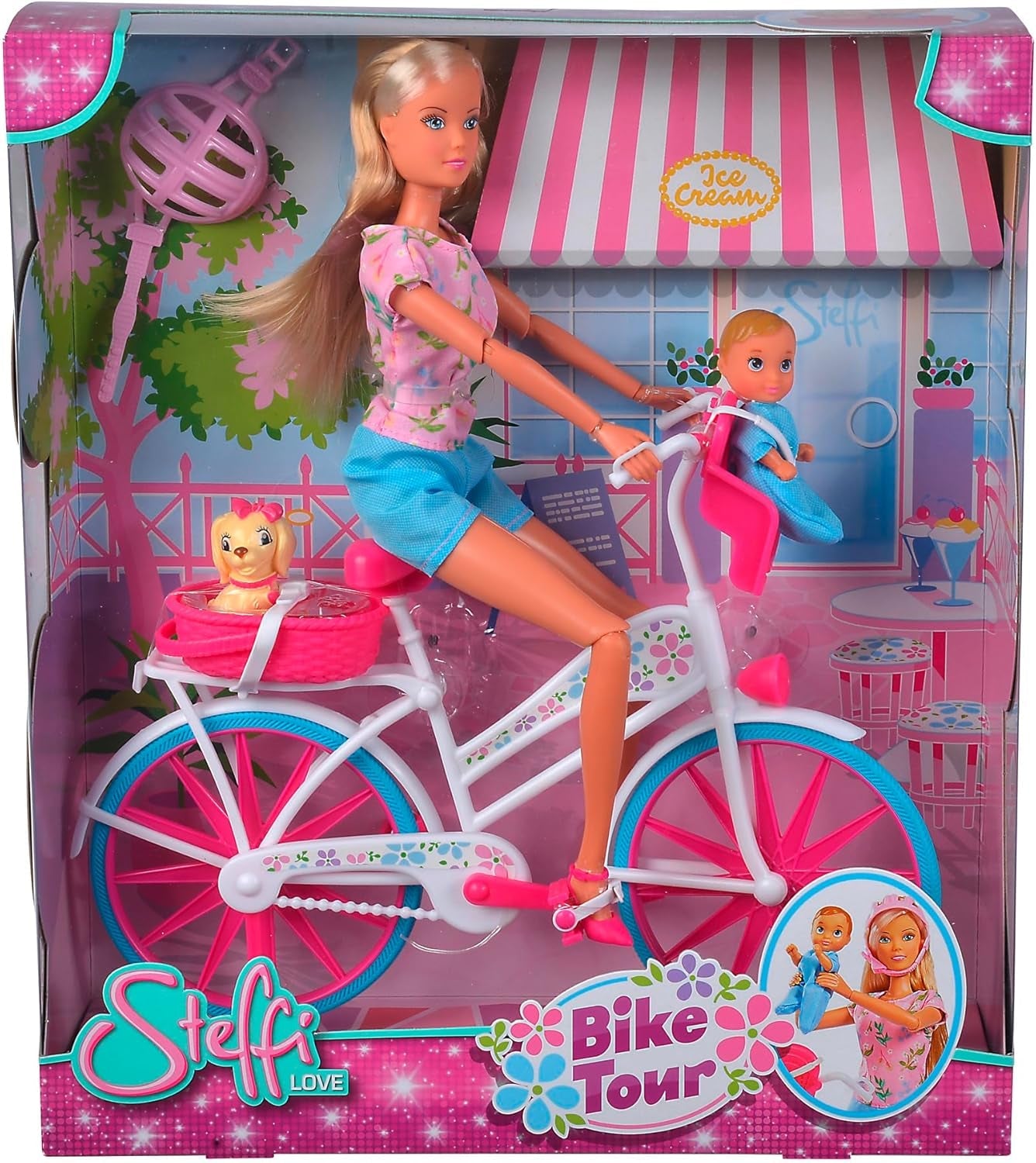 Simba 105739050 - Steffi Love Bike Tour, Steffi y Evi en su castillo de tres pisos con columpio, muebles y muchos accesorios, 40 piezas, 102x90x38cm, para niños a partir de 3 años