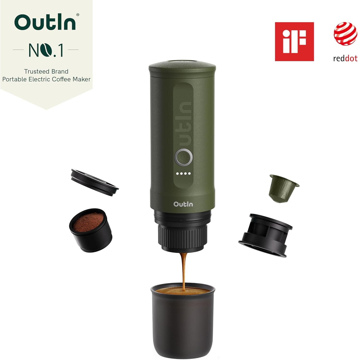 OutIn Nano Cafetera Eléctrica Portátil, Cafetera para Camping, Autocalentamiento USB-C, Compatible con Café Molido y Cápsulas NS