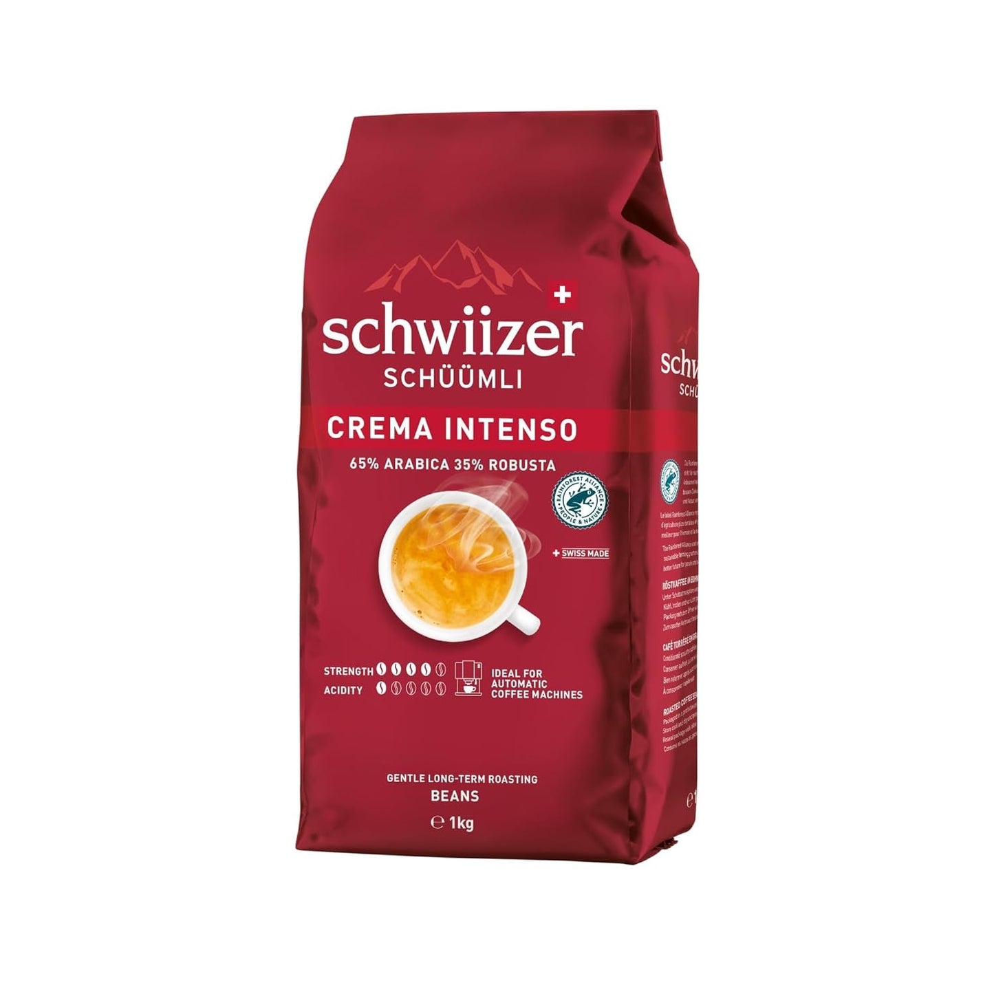 Schwiizer Schüümli Intenso, granos de café Arábica/Robusta, con mucho cuerpo e intenso, ideal para cafeteras espresso automáticas, concentración 4/5, tueste medio, Rainforest Alliance, 1kg