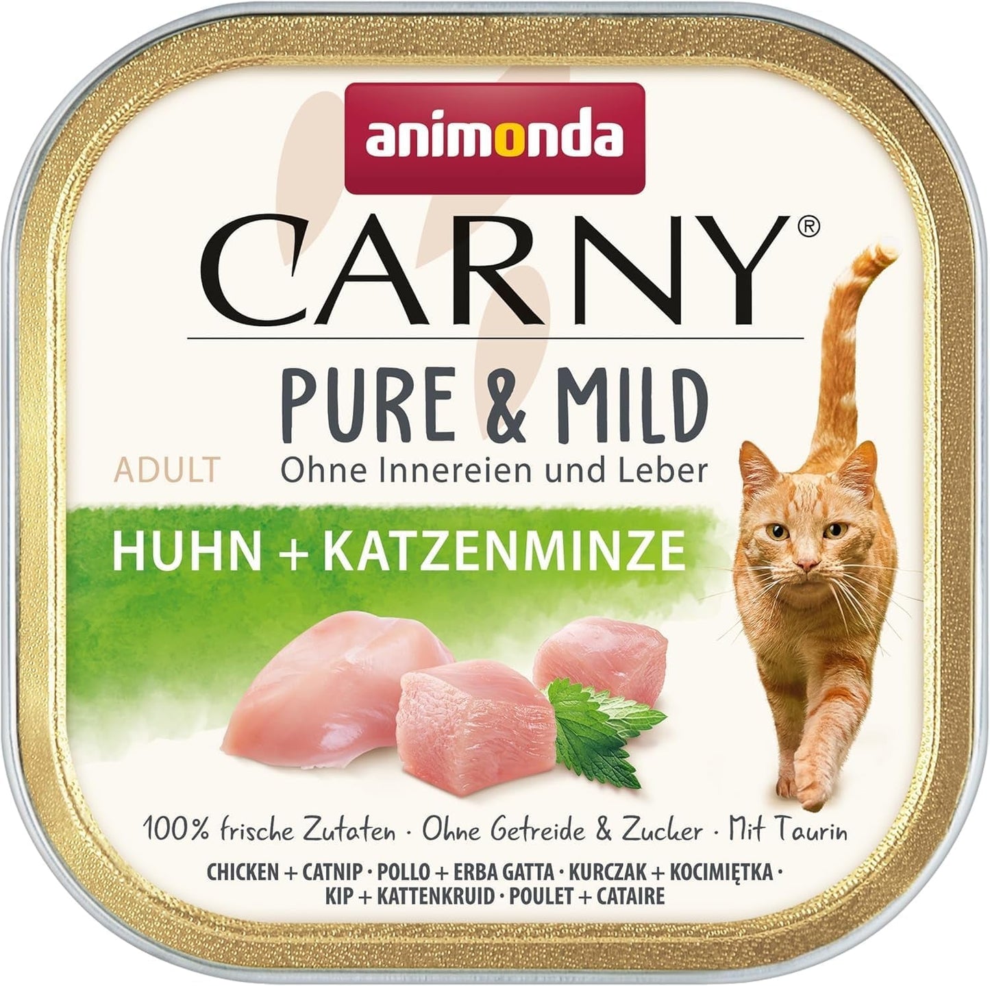 Adult Pure & Mild comida húmeda para gatos con pollo y hierba gatera (32 x 100 g), para gatos sensibles, sin cereales ni azúcar, comida húmeda con pollo de fácil digestión
