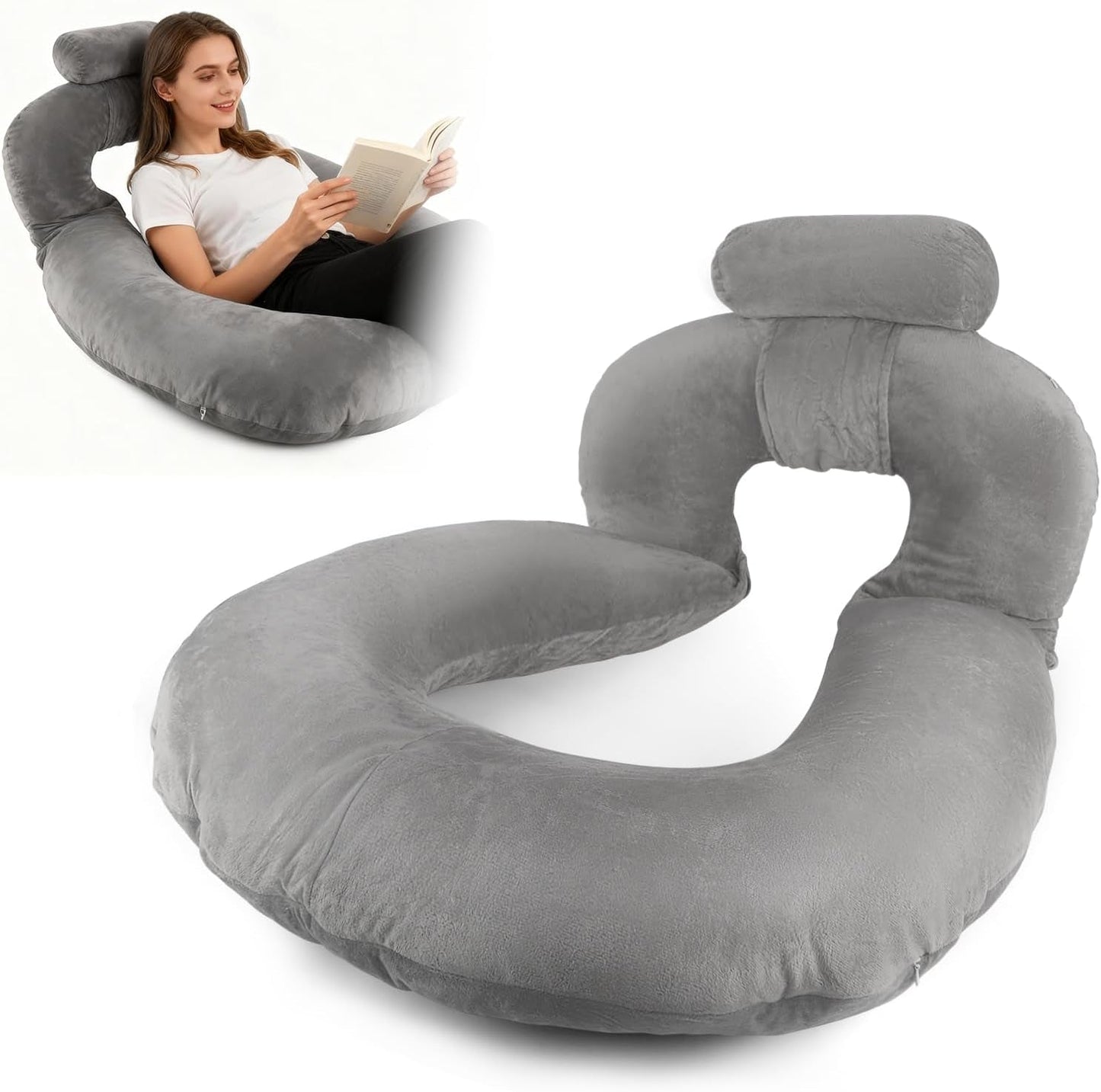 Almohada de lectura, almohada de espalda en forma de U con almohada para el cuello, almohada de juego gris, almohada para leer, jugar, trabajar, descansar