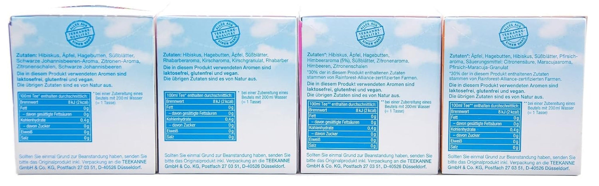 Teekanne Frio Pack de 4, ruibarbo-cereza, grosella-limón, frambuesa-limón, melocotón-maracuyá (4 x 45 g)