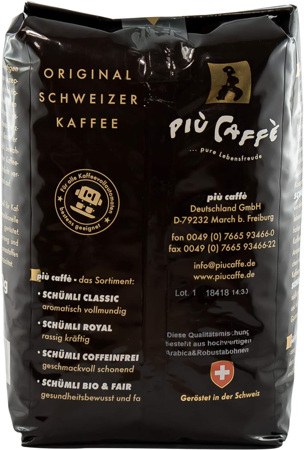 Café Crème Kaffeebohnen, würzig, kräftig, intensiv und gehaltvoll, Arábica y Robusta, Schweizer Trommelröstung, ganze Bohnen für Volllautomaten Schümli Royal 1 kg