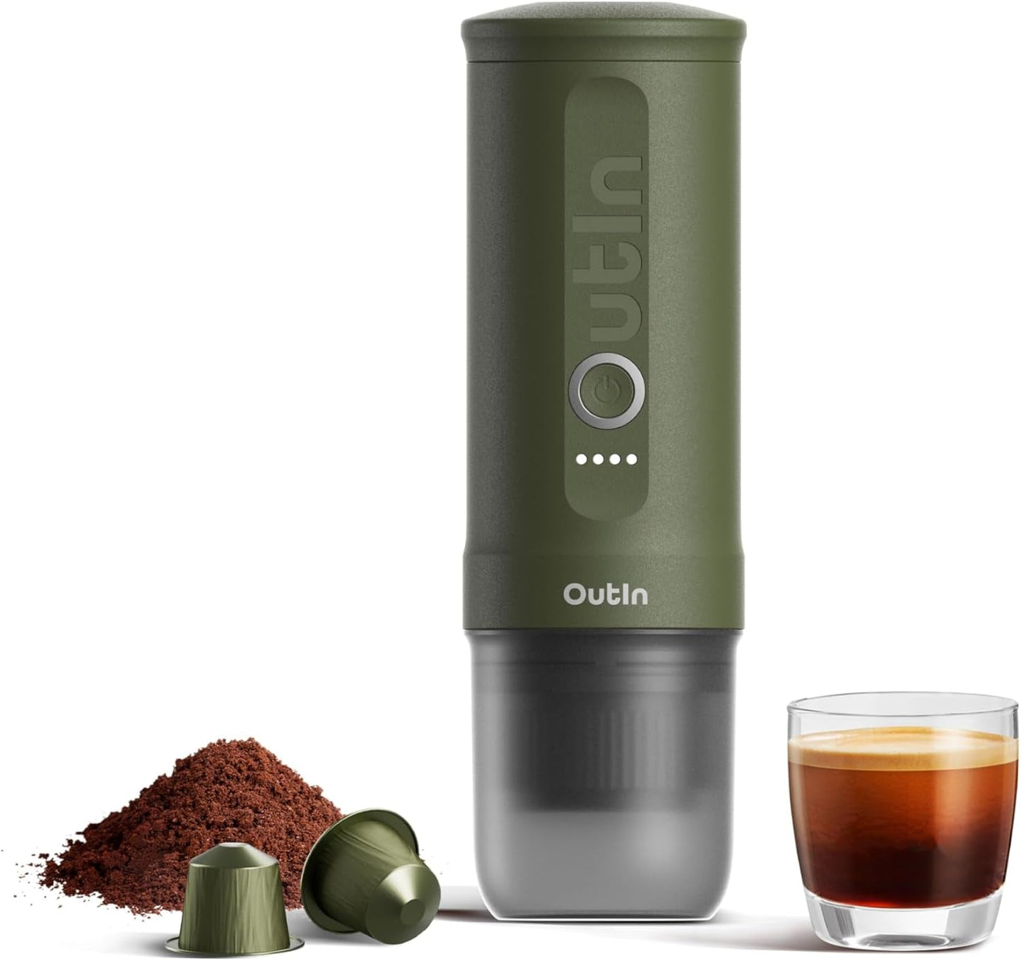 OutIn Nano Cafetera Eléctrica Portátil, Cafetera para Camping, Autocalentamiento USB-C, Compatible con Café Molido y Cápsulas NS