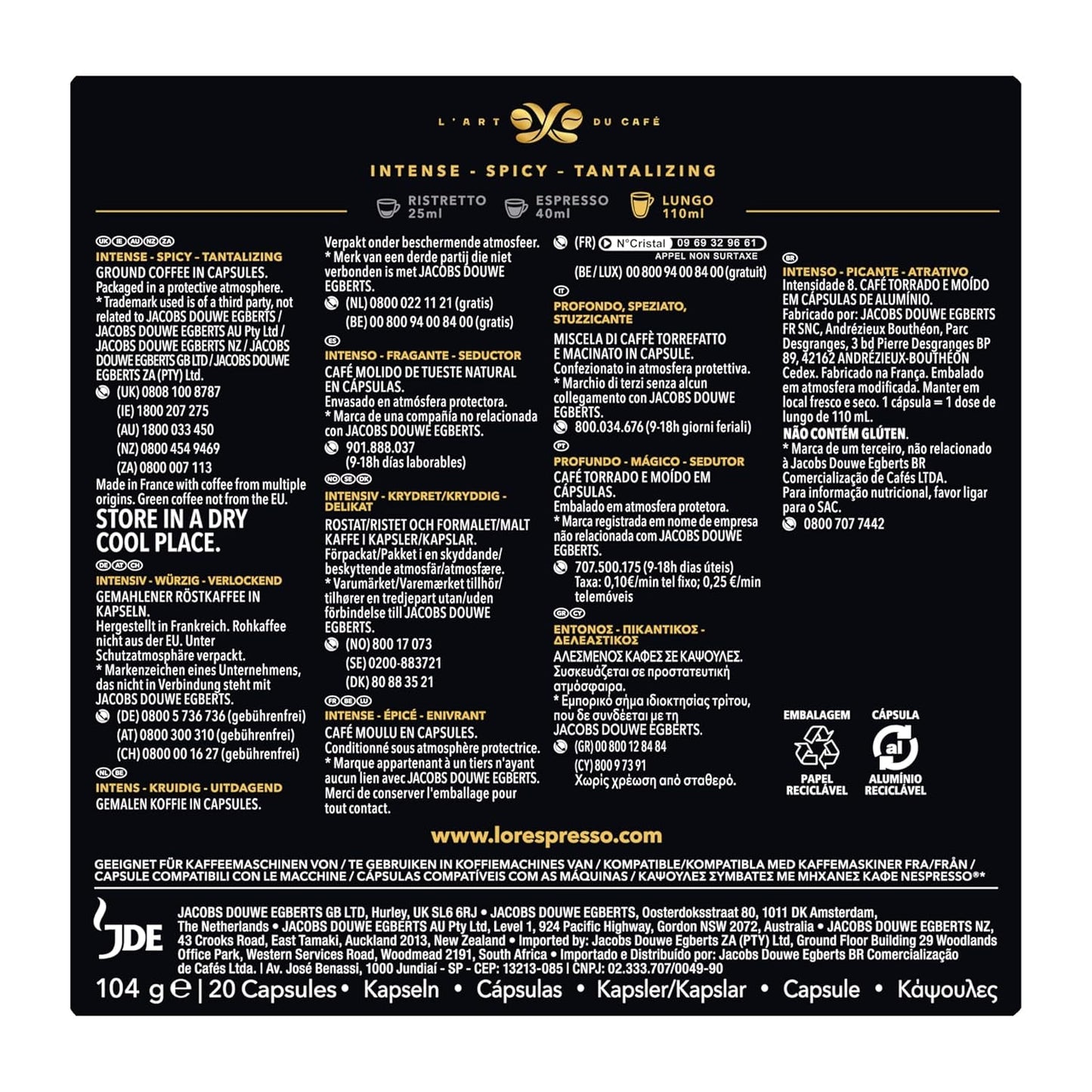 L'OR Espresso Koffiecups Lungo Profondo (200 cápsulas de Lungo Koffie, Gesicht voor Nespresso* Koffiemachines, Intensidad 08/12, 100% Arábica Koffie, UTZ Gecertificeerd), 10 x 20 tazas