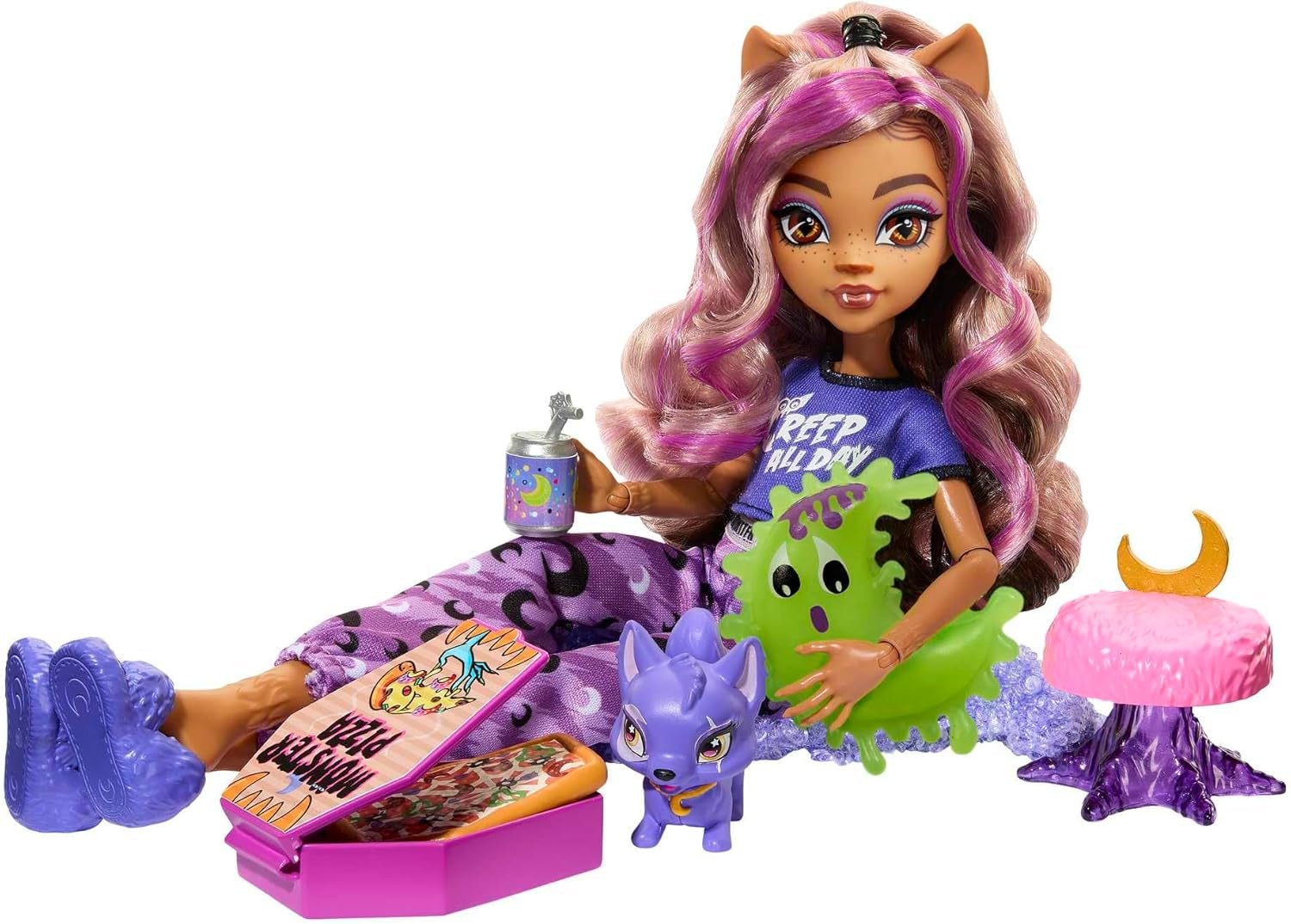 Muñeca MONSTER HIGH y accesorios para pijamas, muñeca Clawdeen Wolf con gato, Crescent, Creepover Party, HKY67