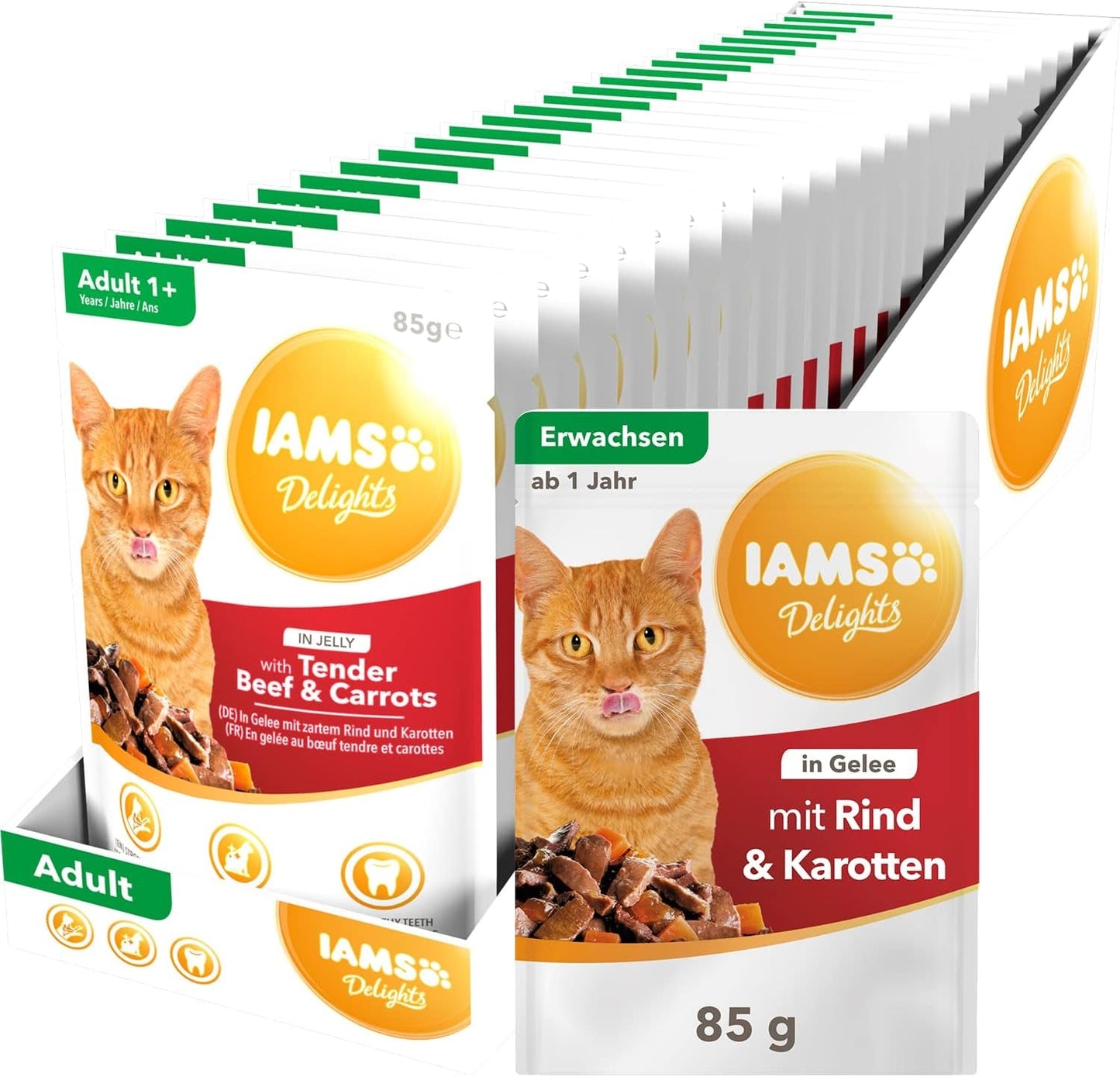 IAMS Delights Comida Húmeda para Gatos con Carne Jugosa y Zanahorias en Gelatina - Comida Húmeda Completa para Gatos Adultos, 24 Sobres x 85g