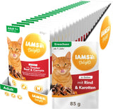 IAMS Delights Comida Húmeda para Gatos con Carne Jugosa y Zanahorias en Gelatina - Comida Húmeda Completa para Gatos Adultos, 24 Sobres x 85g