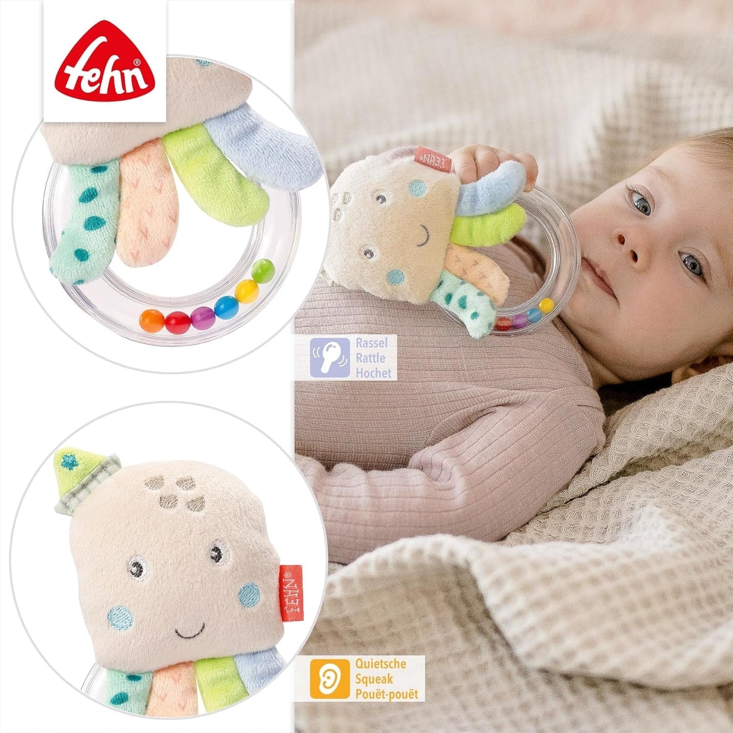 Fehn Octopus Toy Ring Bell - Sonajero, chirrido, juguete para sentir la motricidad - Peluche para bebés con tela suave - Juguete para bebés y niños pequeños a partir de 0 meses Baby Toys Naty Shop