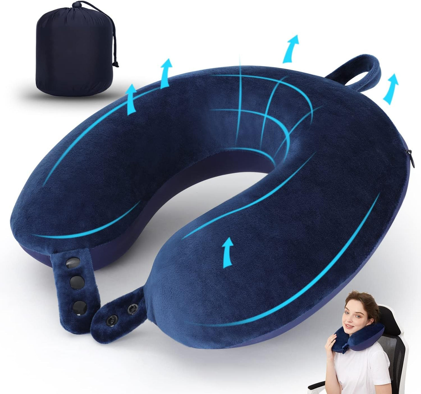 TALLGO Almohada de Viaje para el Cuello, La Mejor Almohada de Avión de Espuma Viscoelástica para Reposacabezas, Almohada Suave Ajustable para Avión, Coche y Hogar, Almohadas Ortopédicas Cervicales Rosa Naty Shop Estándar Azul