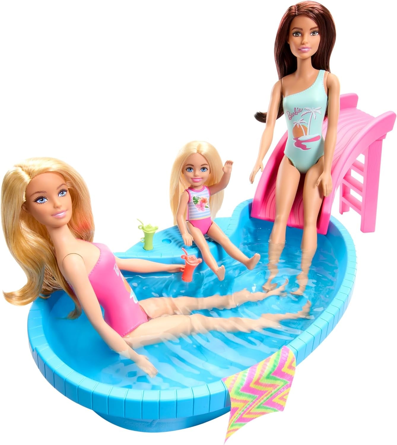 Muñeca Barbie y accesorios - piscina con tobogán y accesorios para horas de diversión bajo el sol, bañador rosa con diseño tropical, para niños a partir de 3 años, HRJ74 Naty Shop Casas de Muñecas