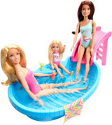 Muñeca Barbie y accesorios - piscina con tobogán y accesorios para horas de diversión bajo el sol, bañador rosa con diseño tropical, para niños a partir de 3 años, HRJ74