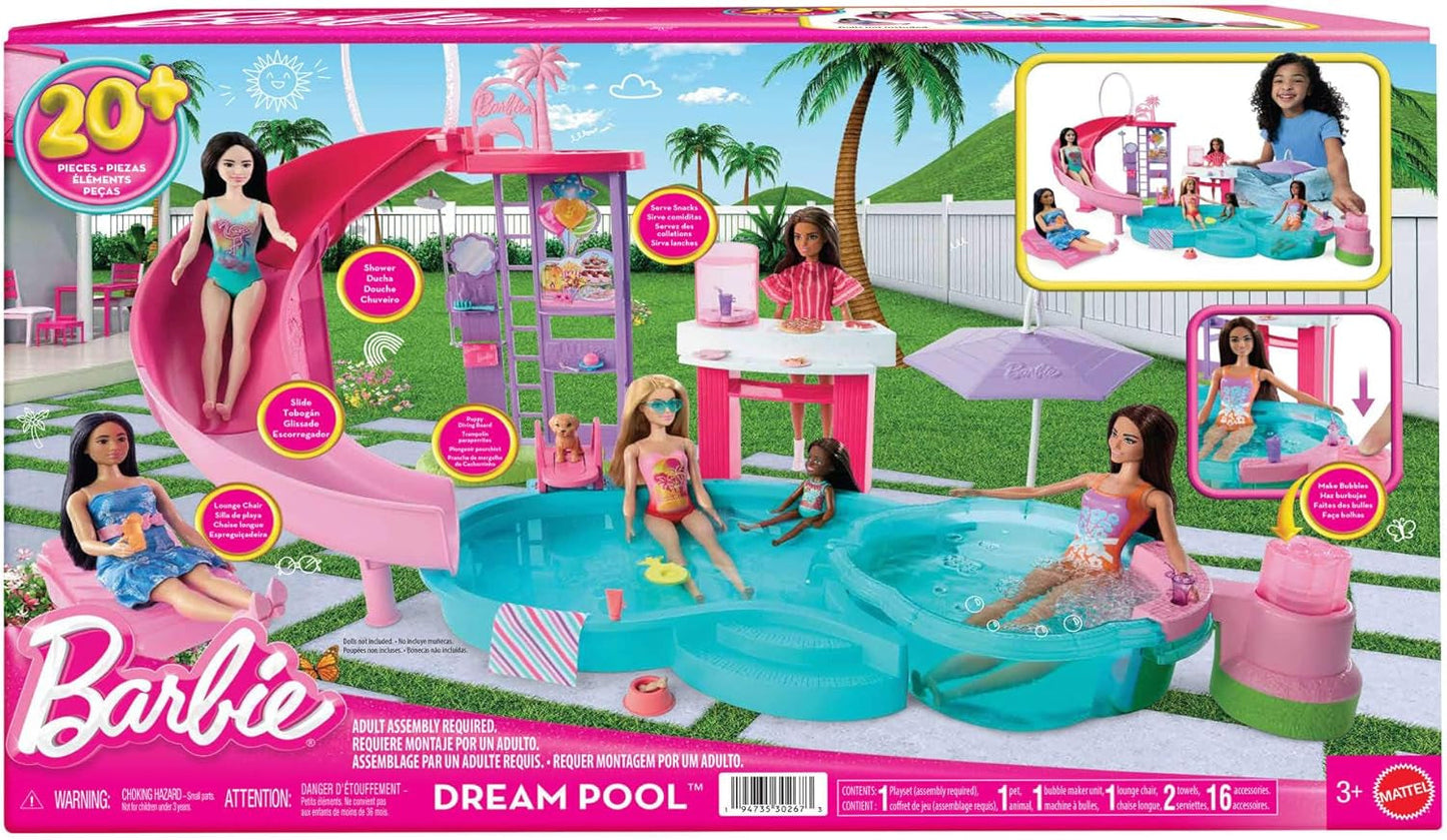 Barbie Dream Pool Playset con seis áreas de juego que incluyen un tobogán y un jacuzzi, además de más de 20 accesorios como una mascota, flotadores y más, JKG83