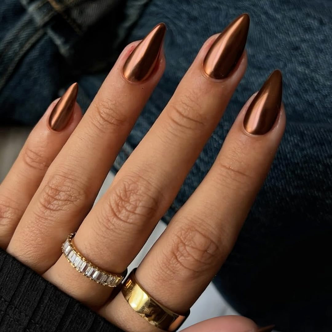 Uñas Cromadas Autoadhesivas - Pegamento Con Brillo Marrón Almendra Mediano En Las Uñas Uñas Postizas Con Brillo Pegamento En Uñas Artificiales Uñas Acrílicas Esmaltadas Para Mujeres 24 Piezas