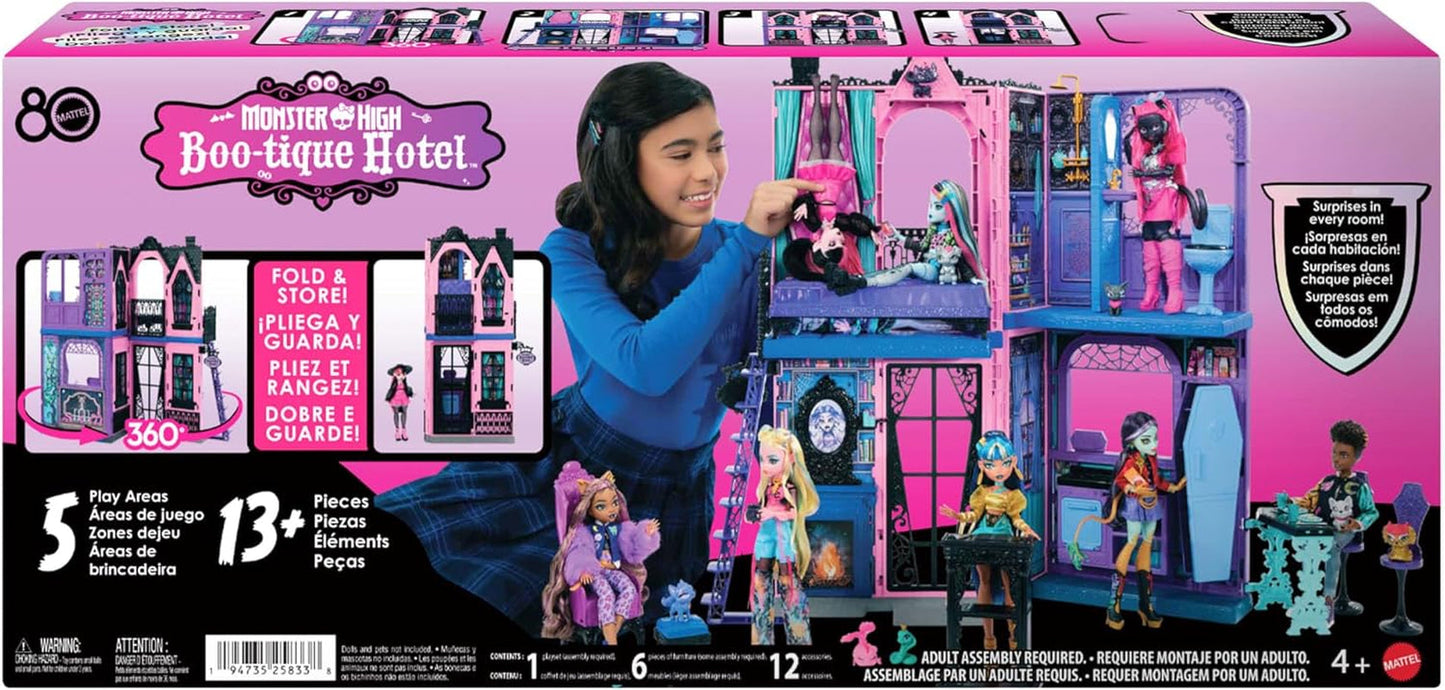 Casa de muñecas Monster High Buh-tique Hotel, juego plegable con sorpresas aterradoras en cada habitación y más de 13 juegos, incluidos muebles y accesorios, JBF16