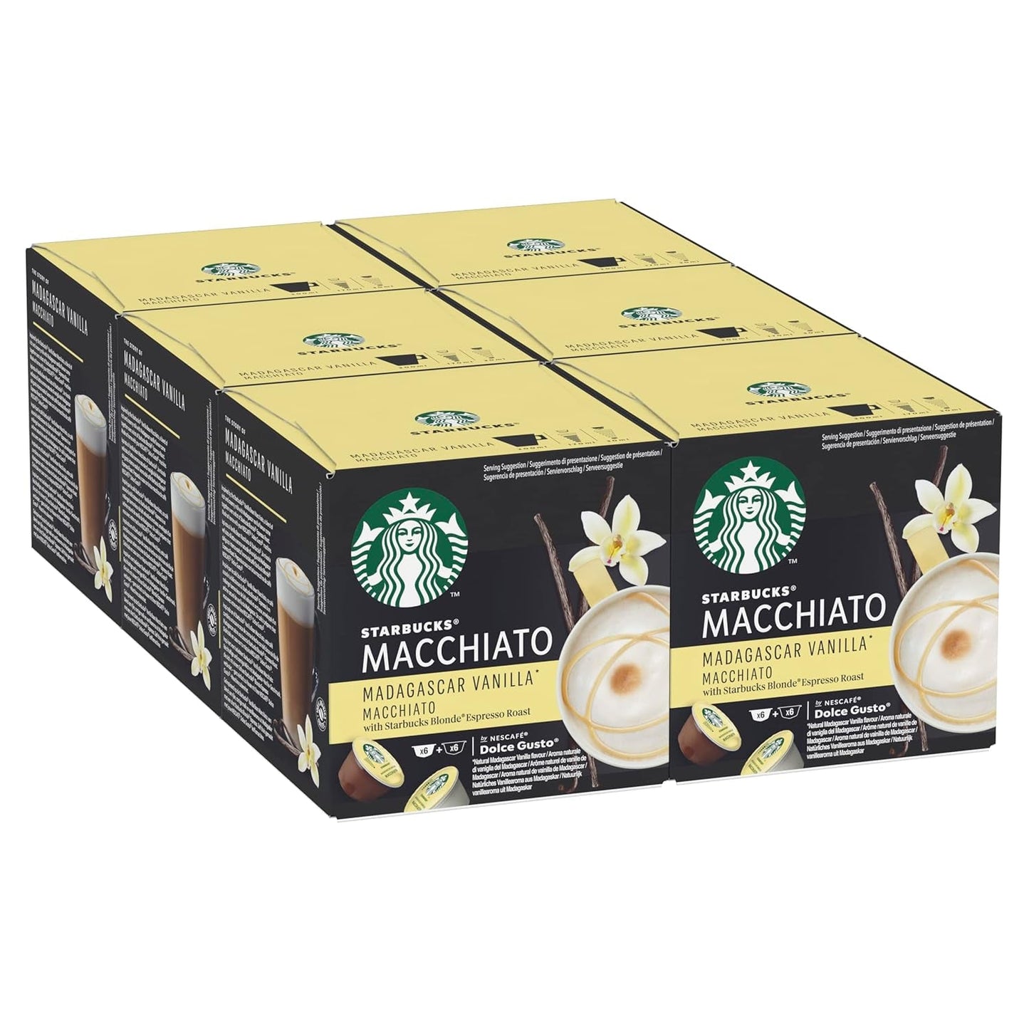 STARBUCKS Probierset, paquete variado de tazas blancas de Nescafé Dolce Gusto Kaffeekapseln y Vanilla Macchiato de Nescafé Dolce Gusto Kaffeekapseln 6 x 12 (72 cápsulas, 36 porciones)