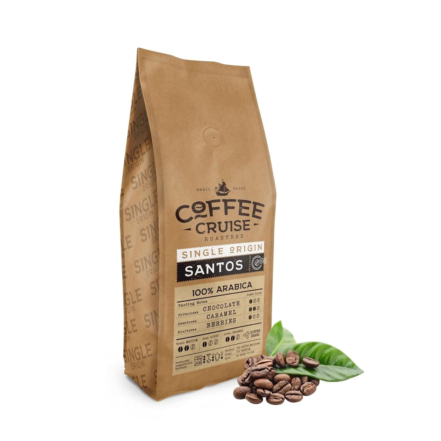 COFFEE CRUISE Santos Kaffeebohnen 1kg - Mittlere Röstung - Aroma Caramel - Für All Kaffeemaschinen - 100% Árabe