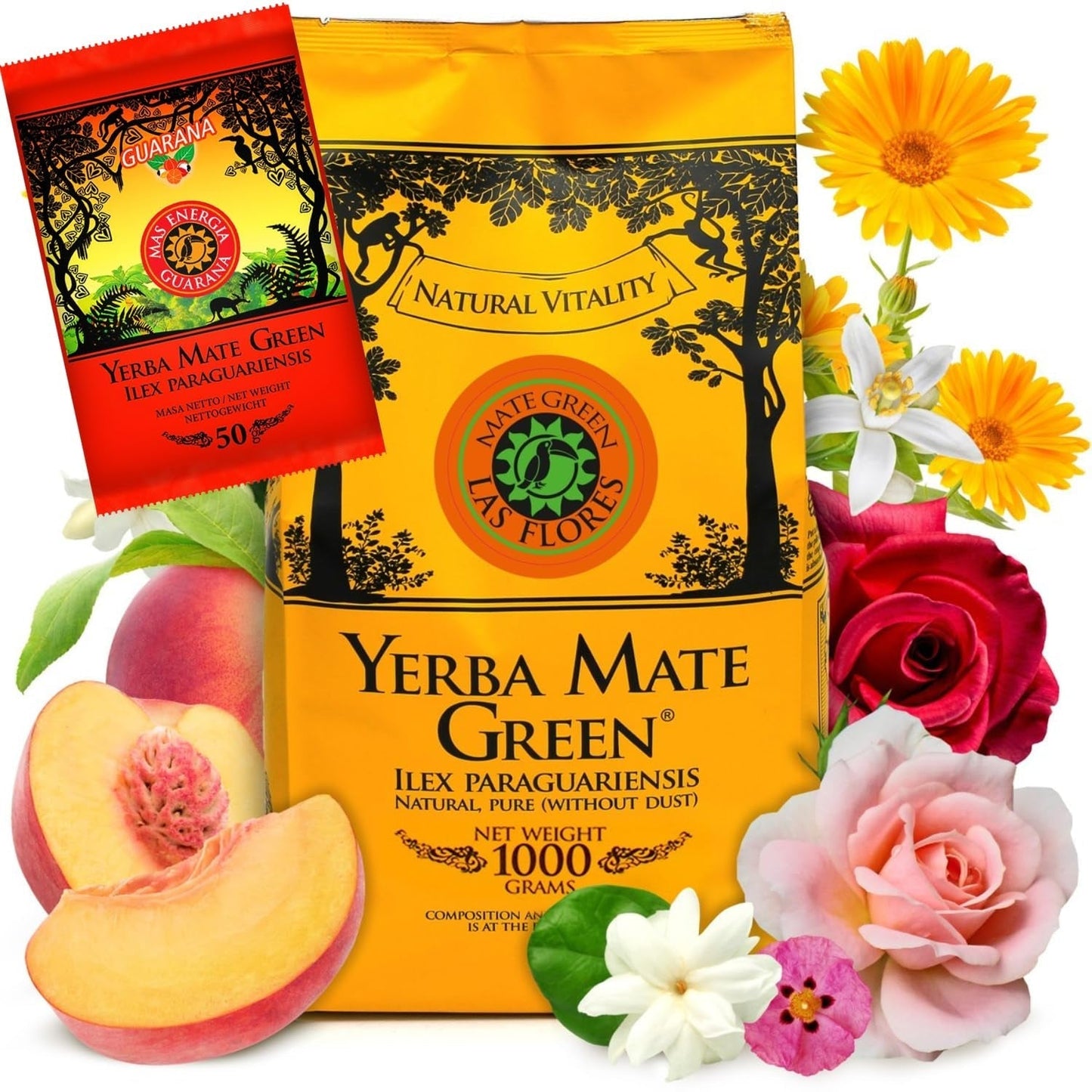Yerba LAS FLORES 1 kg ● Yerba Mate con durazno brasileño ● Jazmín ● Mate de hojas de mate ● Sabores naturales ● Yebra Mate con guaraná 50 g ● Yerba Mate con hojas enteras 1050 g ● Vegano
